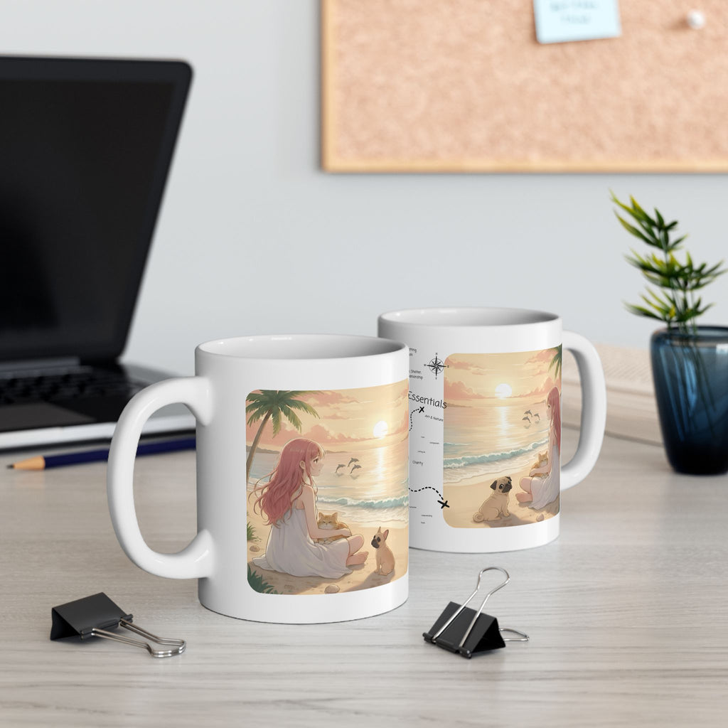 Cute French Bulldog, Pug & Orange Cat Coastal Vibe White Ceramic Mug, Cozy Sunset Seascape Anime Girl Cup (11oz, 15oz)