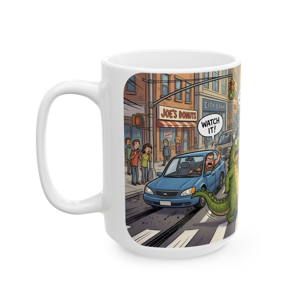 Gator, Crane, and Pidgeon Crossing White Ceramic Mug — Alligator & Bird Traffic Jam Cup (11 oz, 15 oz)