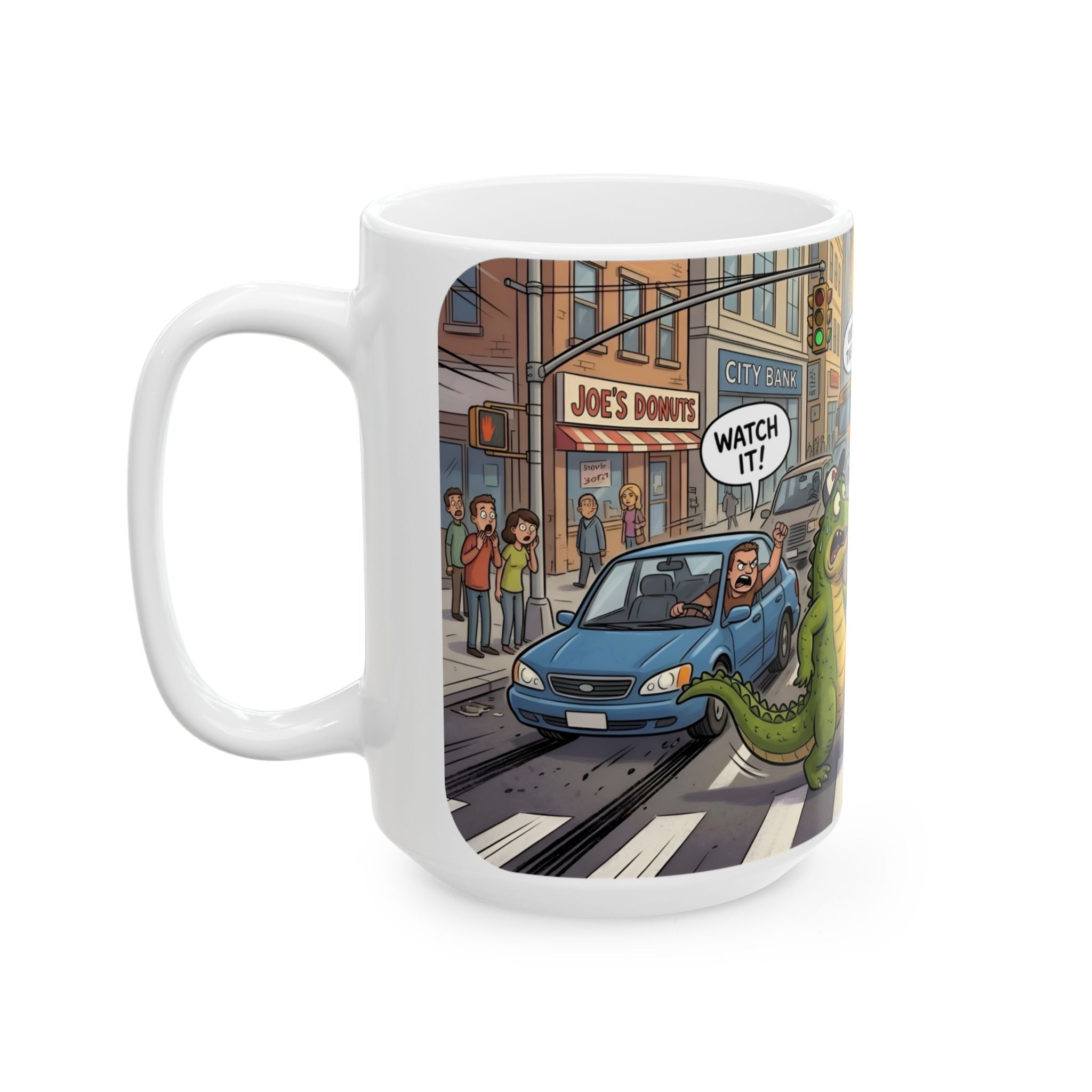 Gator, Crane, and Pidgeon Crossing White Ceramic Mug — Alligator & Bird Traffic Jam Cup (11 oz, 15 oz)
