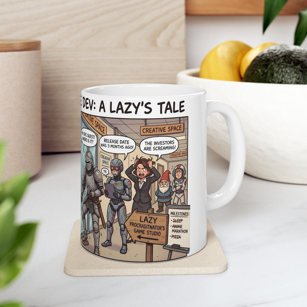 Humorous Game Developer White Ceramic Mug — 'The Life of the Indie Game Dev' Tea Cup (11oz/15oz)