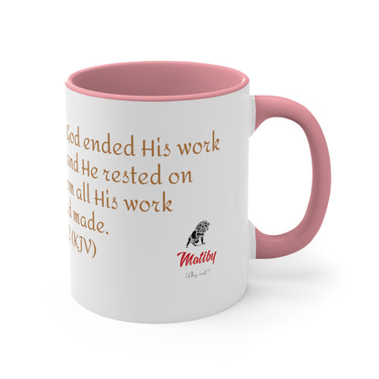 Bible Speaks Gen 2:2 Accent Mug, 11oz