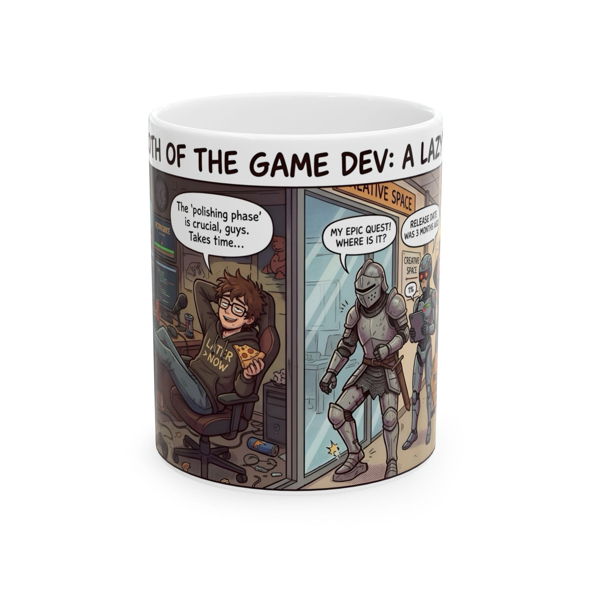 Humorous Game Developer White Ceramic Mug — 'The Life of the Indie Game Dev' Tea Cup (11oz/15oz)