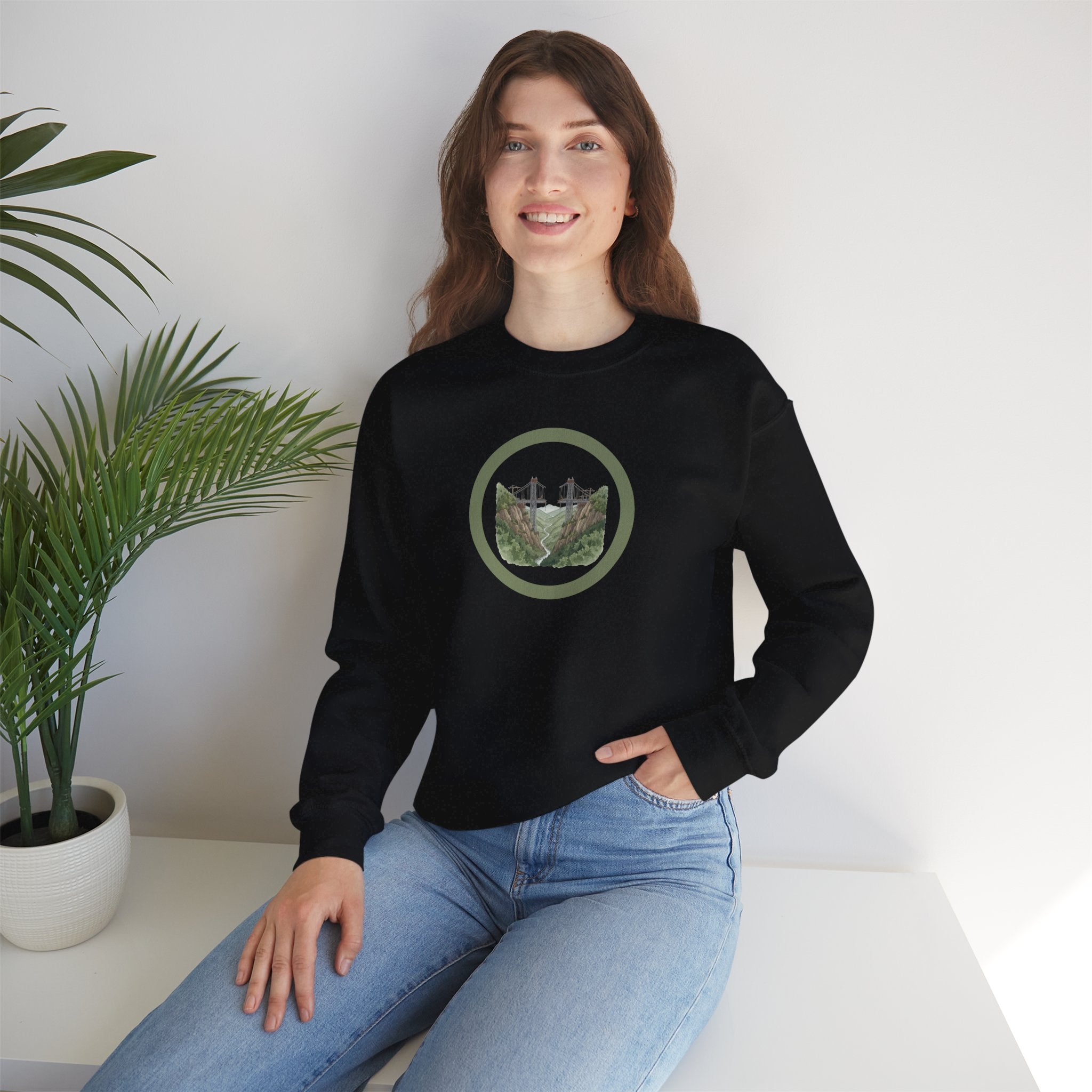 Bridge Building Circular Crewneck Sweatshirt — Mountain Nature Trail View Adventure Sweater