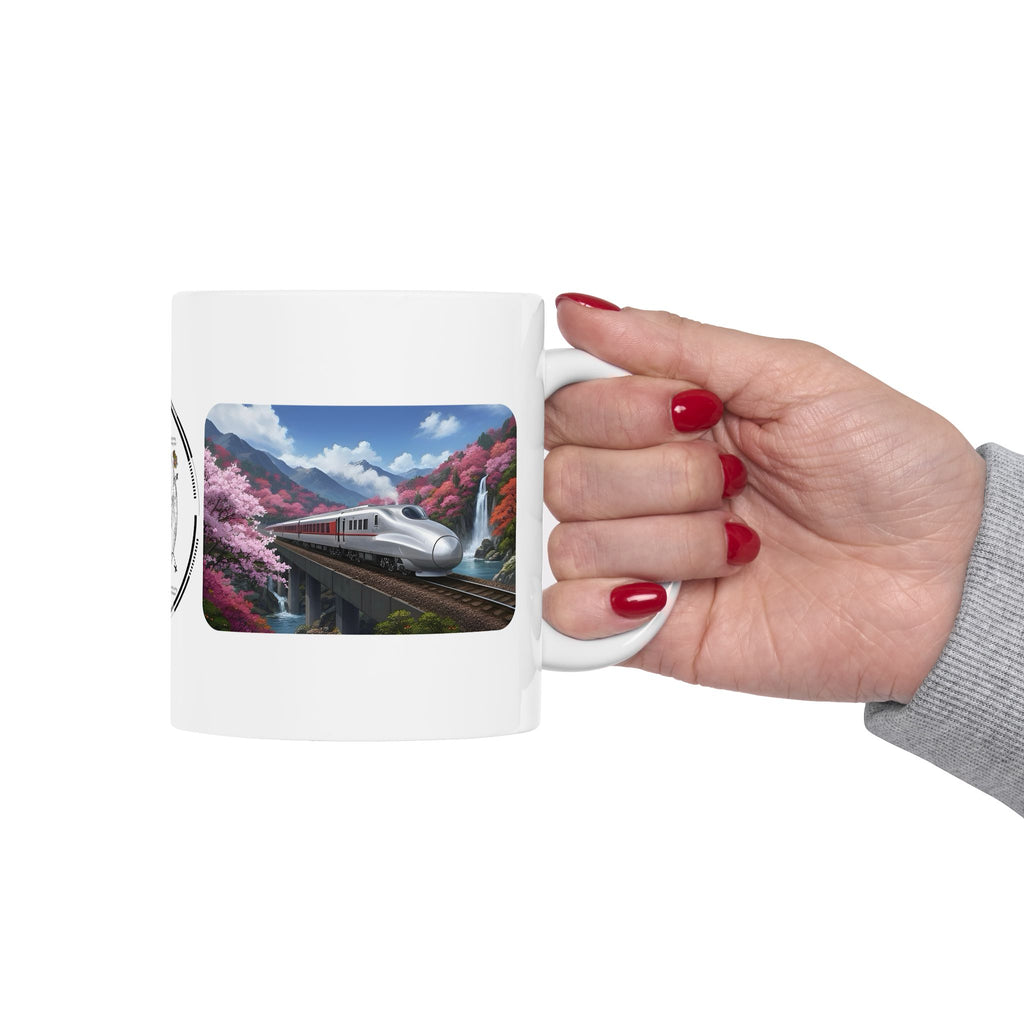 Springtime Cherry Blossom Bullet Train Express White Ceramic Mug, Serene Mountain Viaduct Sakura Railway Cup (11oz/15oz)