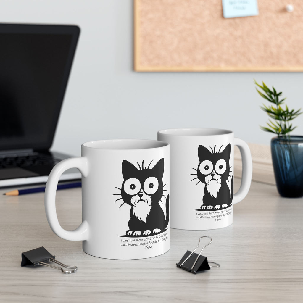 Cat Contemplating Catastrophe White Ceramic Mug - Cute Anxious Black Kitten Tea Cup (11oz & 15oz)