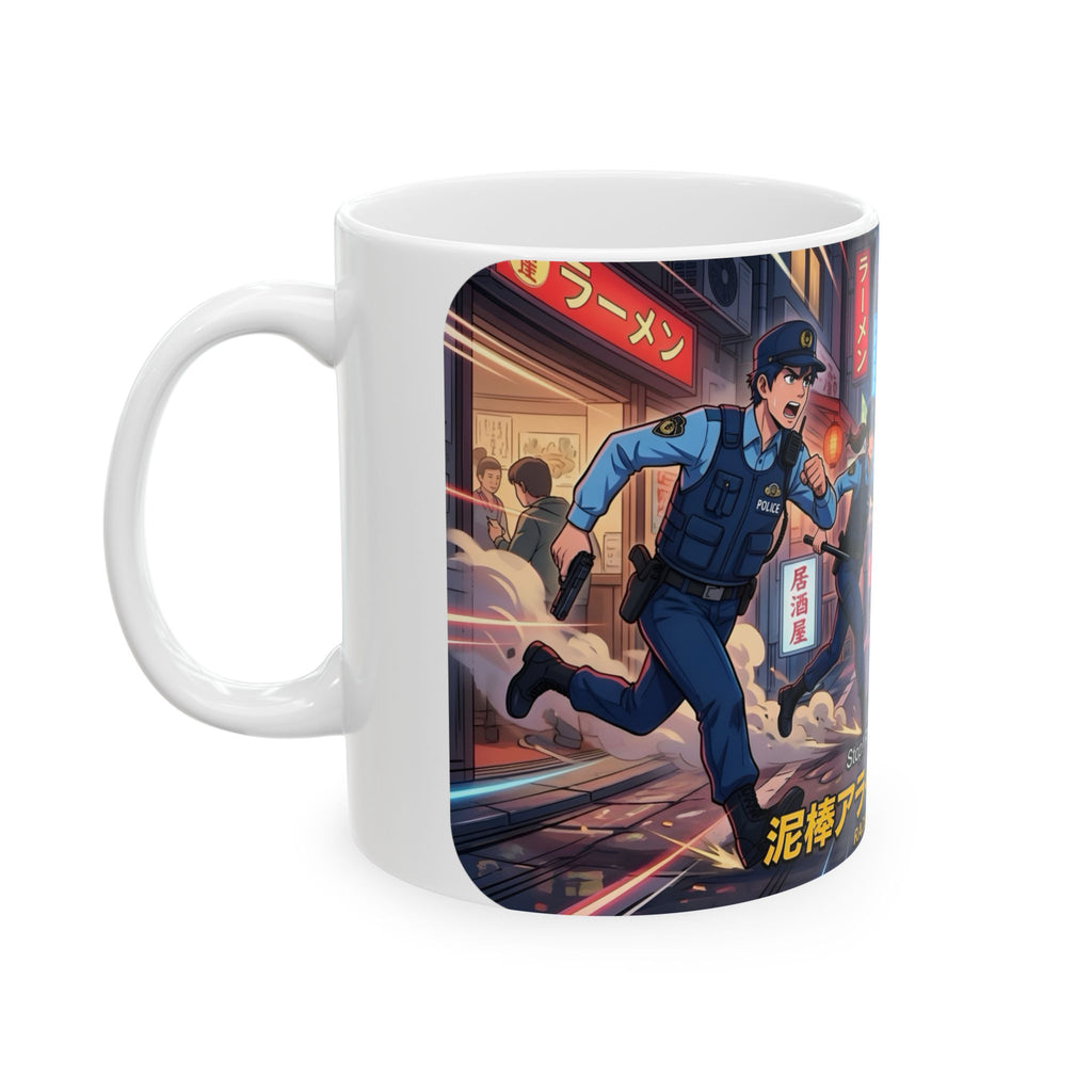 "Raccoon Chase" Anime City Police White Ceramic Mug (11oz/15oz), Urban Ringtails Cup