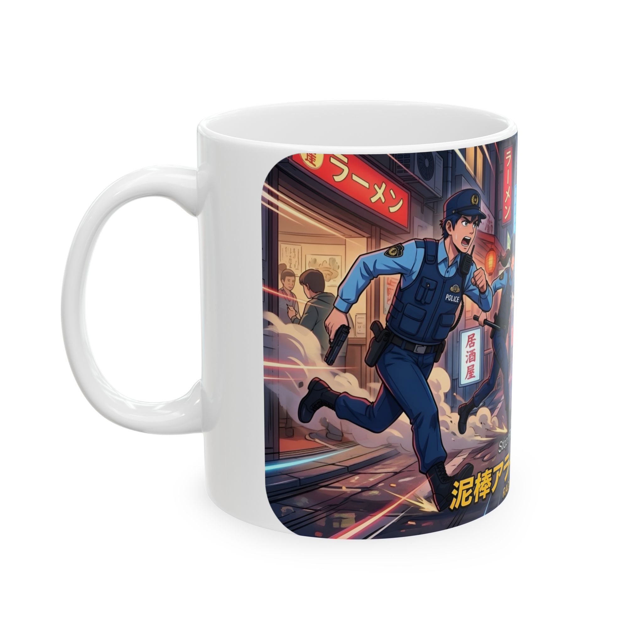 "Raccoon Chase" Anime City Police White Ceramic Mug (11oz/15oz), Urban Ringtails Cup