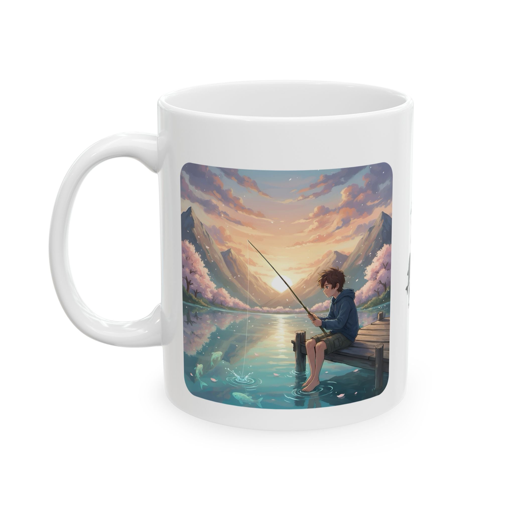 Boy Fishing at Sunset on Lakefront Pier White Ceramic Mug, Mountain View Cherry Blossom Serenity Cup (11oz, 15oz)