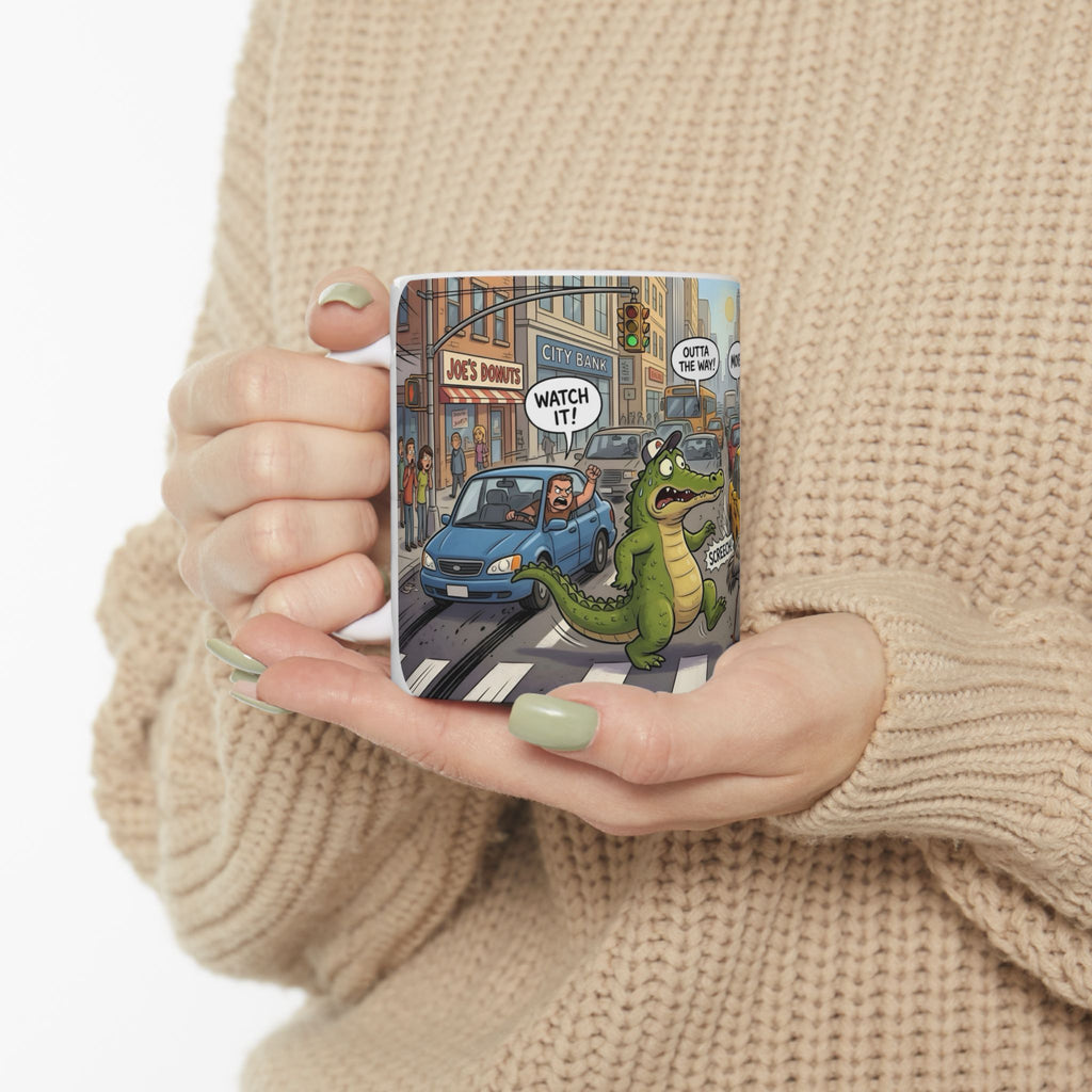 Gator, Crane, and Pidgeon Crossing White Ceramic Mug — Alligator & Bird Traffic Jam Cup (11 oz, 15 oz)