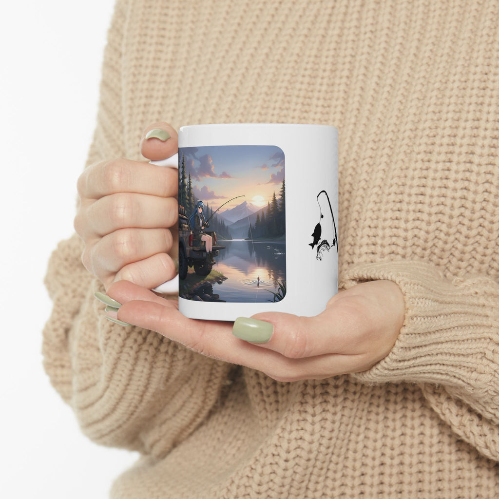 Cozy Anime Girl Tailgate Fishing Adventure White Ceramic Mug — Vintage Truck, Lake Sunrise Tea Cup (11oz/15oz)