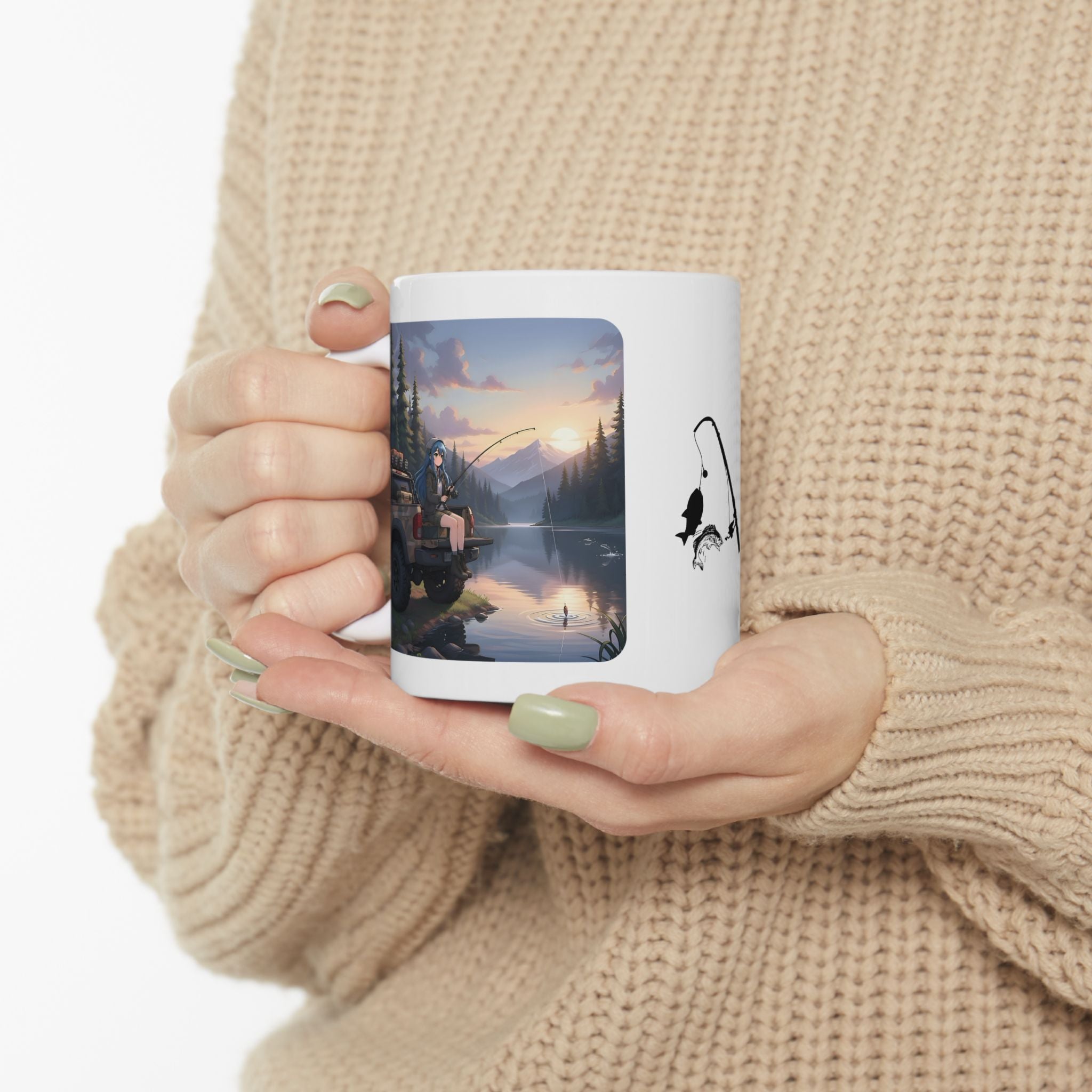 Cozy Anime Girl Tailgate Fishing Adventure White Ceramic Mug — Vintage Truck, Lake Sunrise Tea Cup (11oz/15oz)