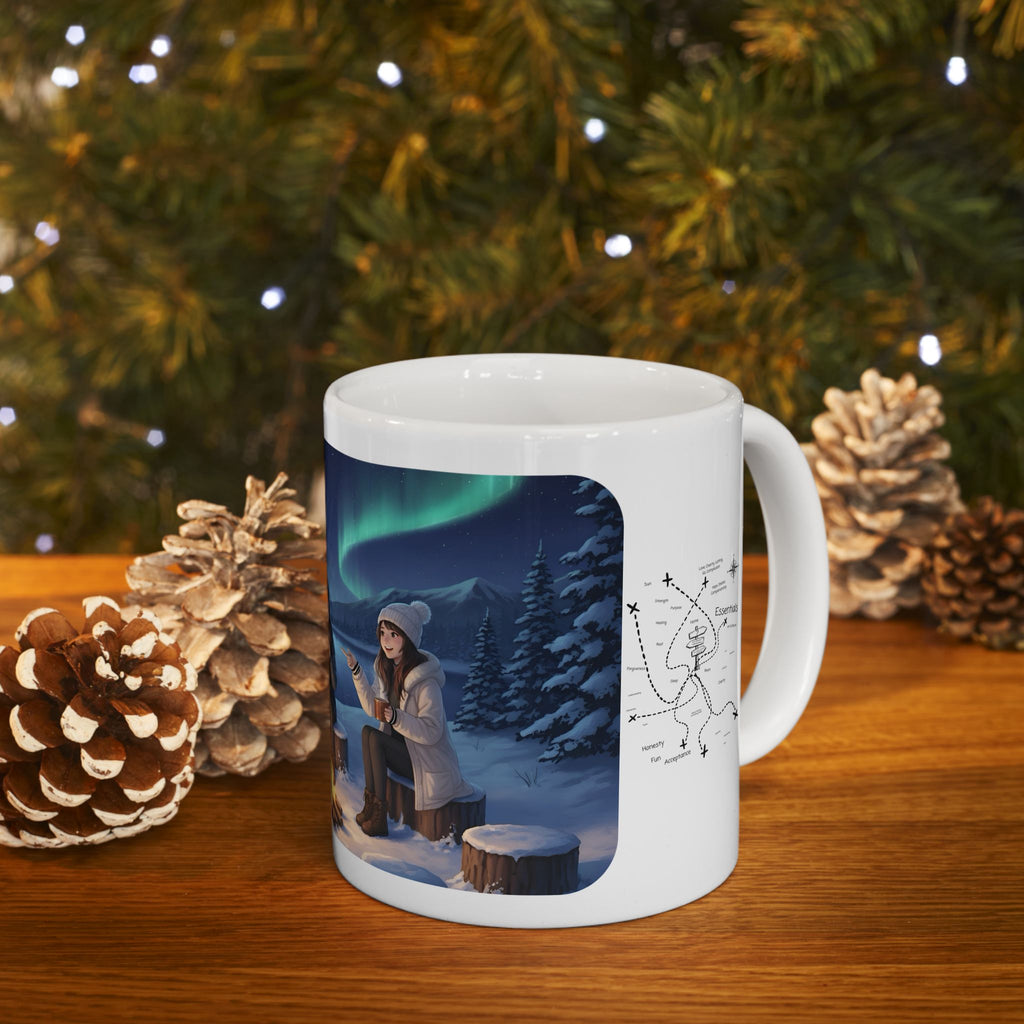 Cozy Aurora Borealis Friends Under The Northern Lights White Ceramic Mug — Starry Wintry Night Sky & World Map To Explore Cup (11oz, 15oz)