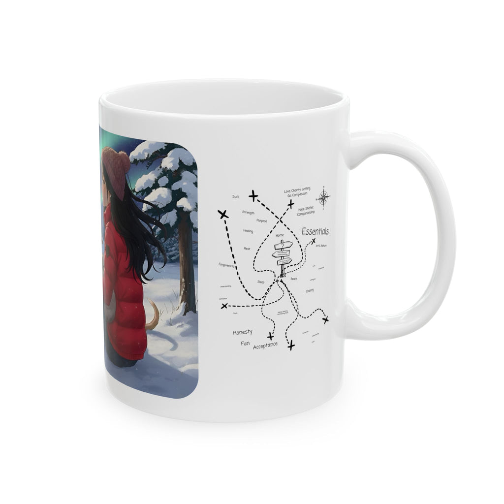 Cozy Winter Night Sky & Reindeer Charm Anime White Ceramic Mug — Greyhound & Siberian Cat under Northern Lights Cup (11oz, 15oz)