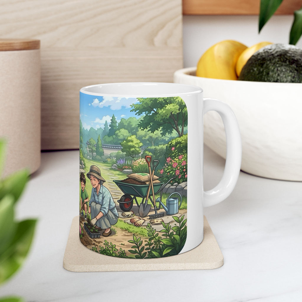 Garden Family Love White Ceramic Mug — Cozy Countryside Landscaping Tea Cup (11oz & 15oz)