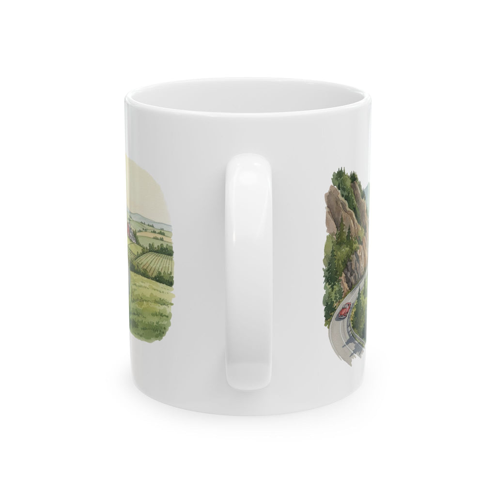 Scenic Convertible Countryside Drive White Ceramic Mug (11oz, 15oz), Relaxing and Cozy Open Road Mountain Getaway Cup