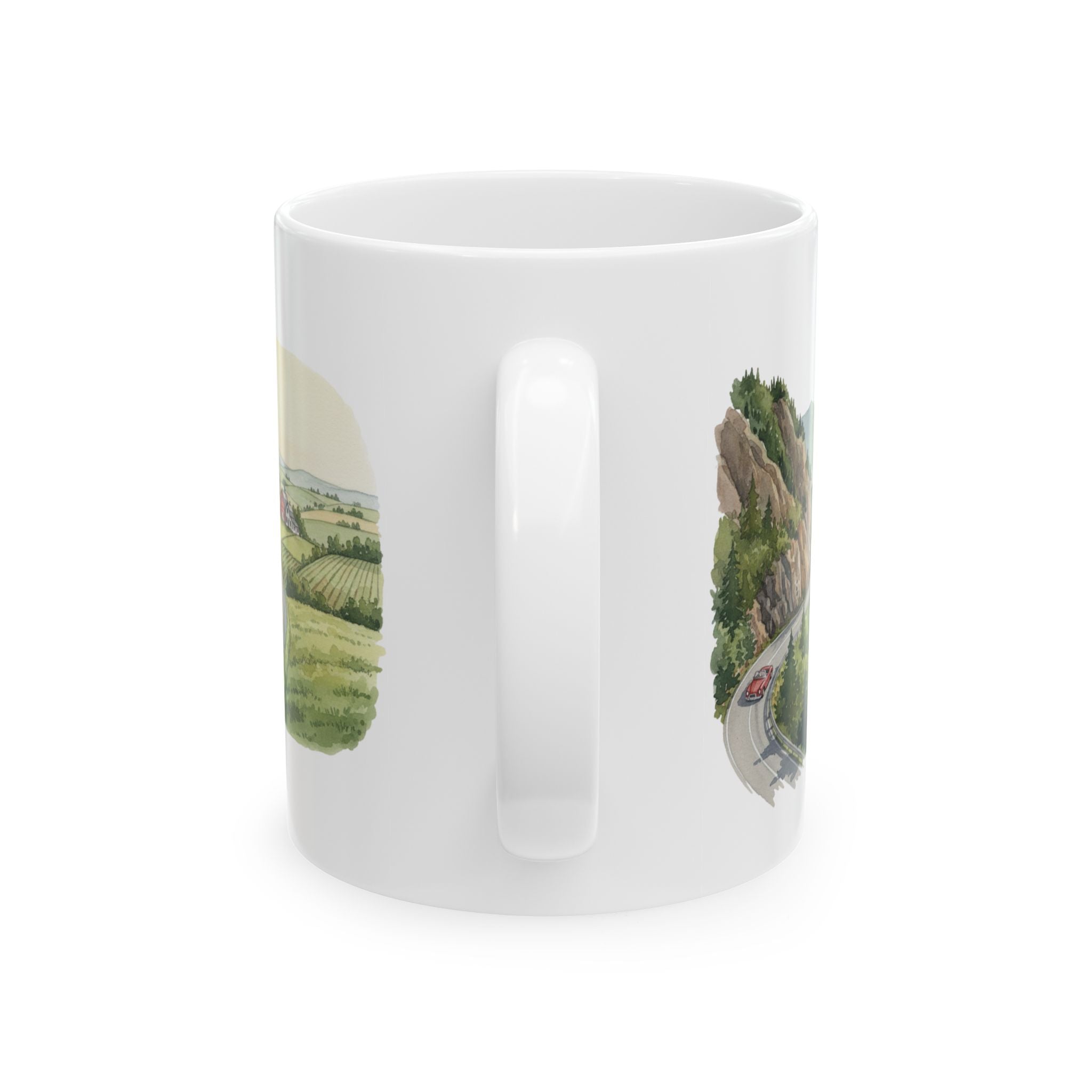 Scenic Convertible Countryside Drive White Ceramic Mug (11oz, 15oz), Relaxing and Cozy Open Road Mountain Getaway Cup