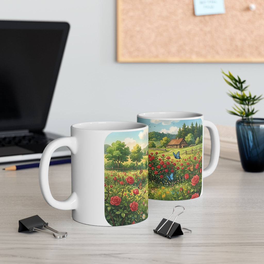 Scenic Countryside White Ceramic Mug — Floral Garden & Butterflies 11oz/15oz