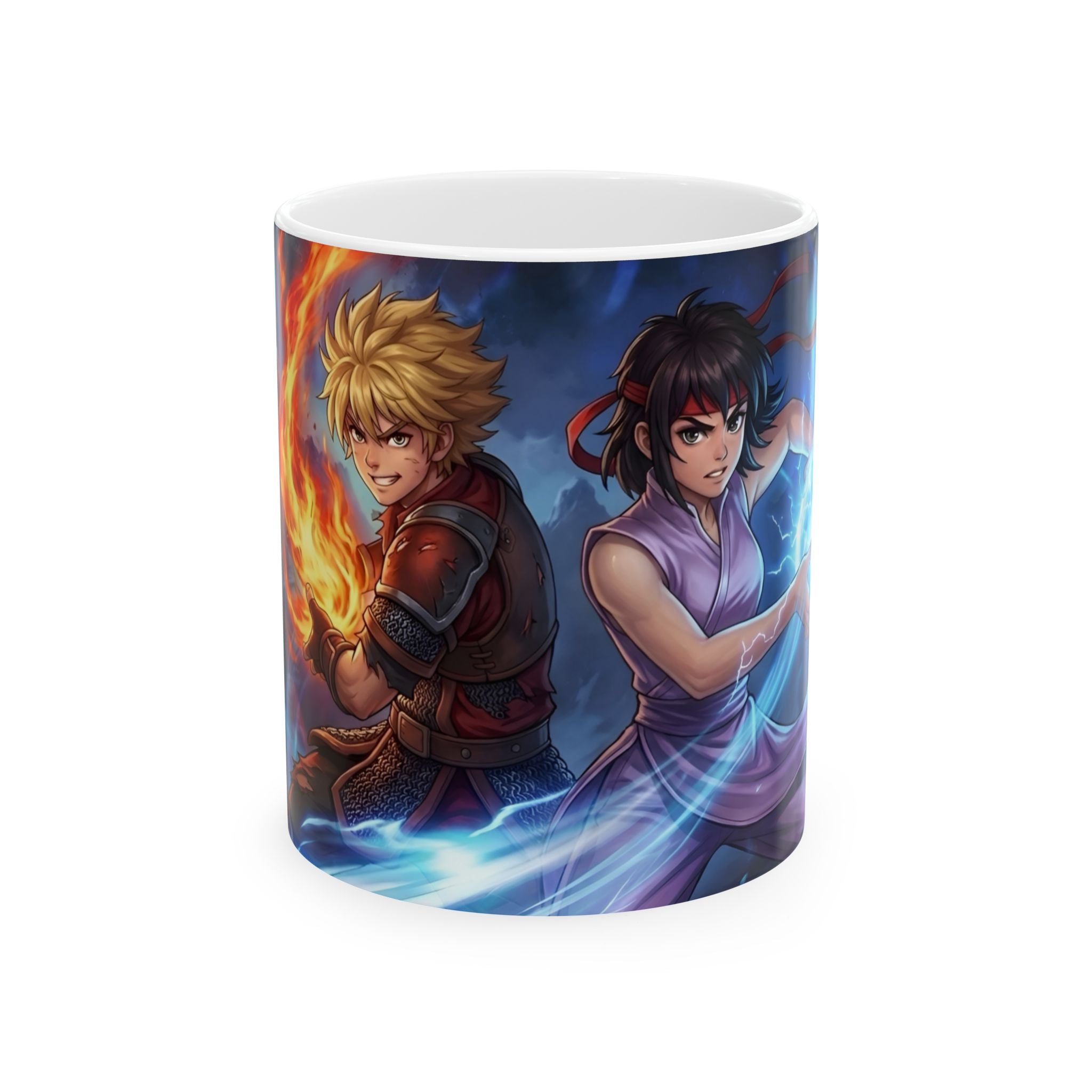 Anime Elemental Battle Duo #3 White Ceramic Mug — Fire And Lightning Gamers' Adventure(11oz, 15oz)