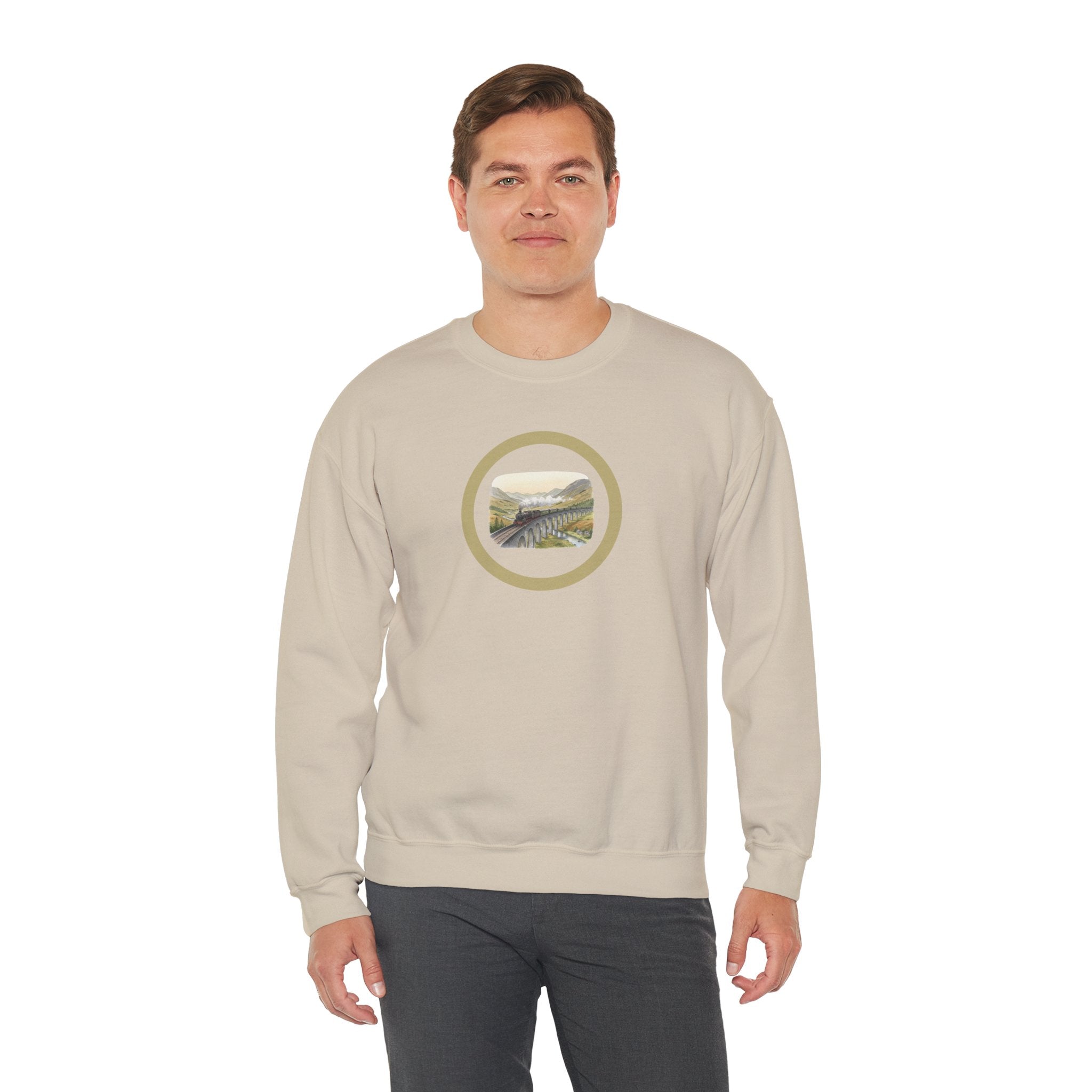 Crewneck Circle Locomotive Sweatshirt — Vintage River Landscape Train