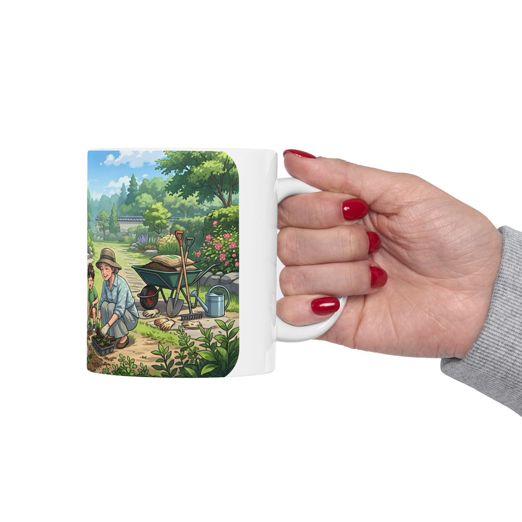 Garden Family Love White Ceramic Mug — Cozy Countryside Landscaping Tea Cup (11oz & 15oz)