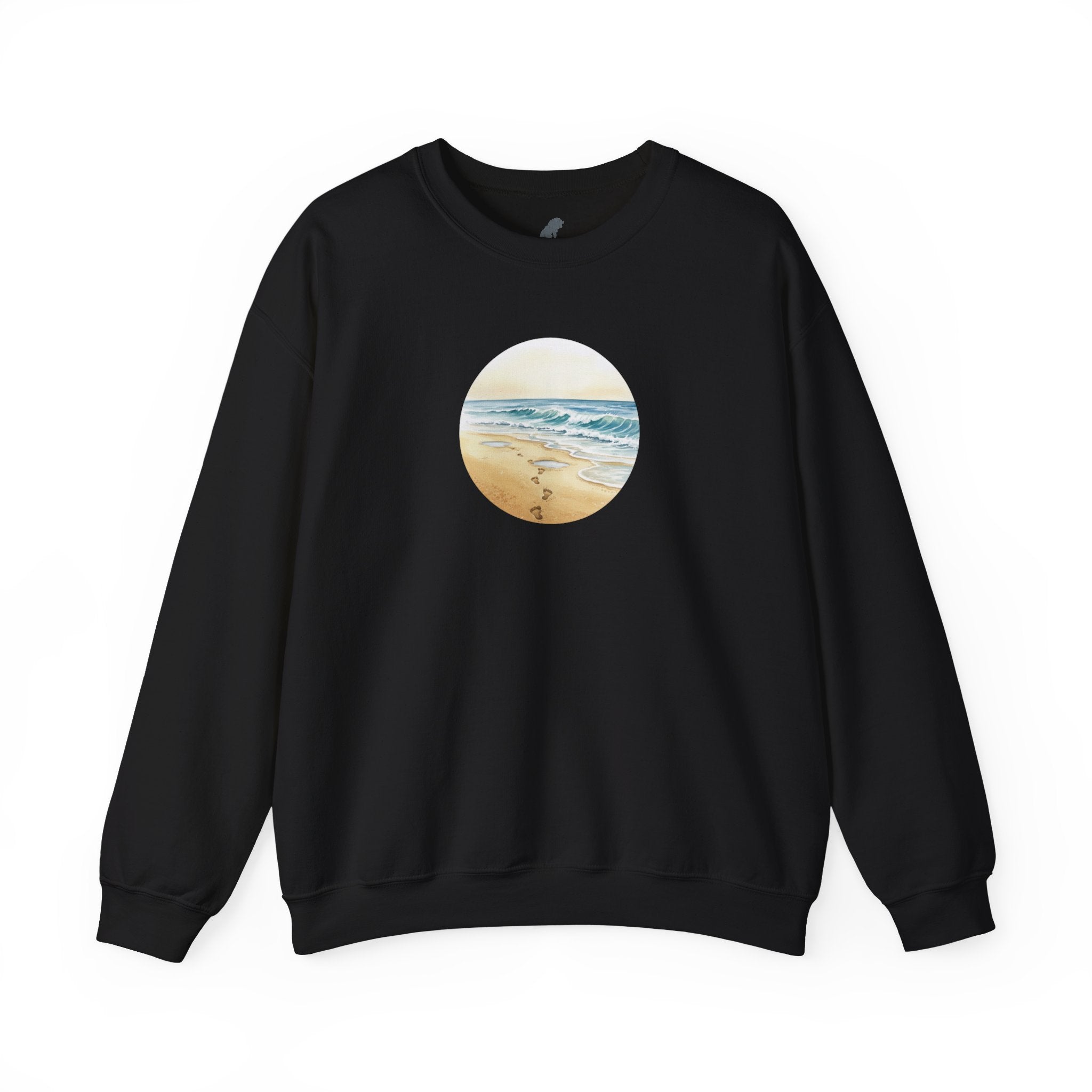 Beach Circle Crewneck Sweatshirt — Coastal Footprints In The Sand At Sunset Sweater