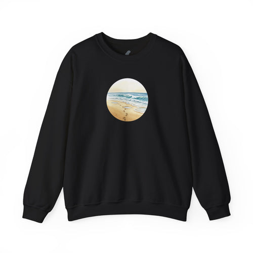 Beach Circle Crewneck Sweatshirt — Coastal Footprints In The Sand At Sunset Sweater