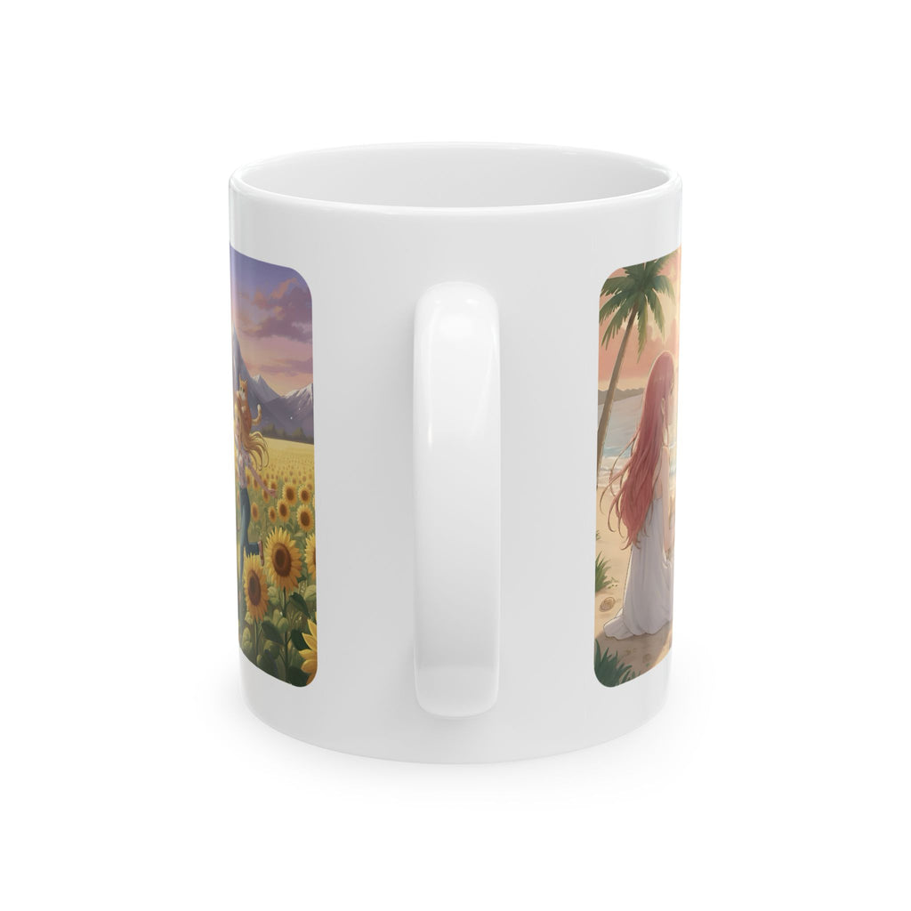 Pitbull Dog Orange Cat Sunset & Sunflower White Ceramic Mug — Peaceful Waves Anime Girl Boho Beach Vibes Cup (11oz, 15oz)
