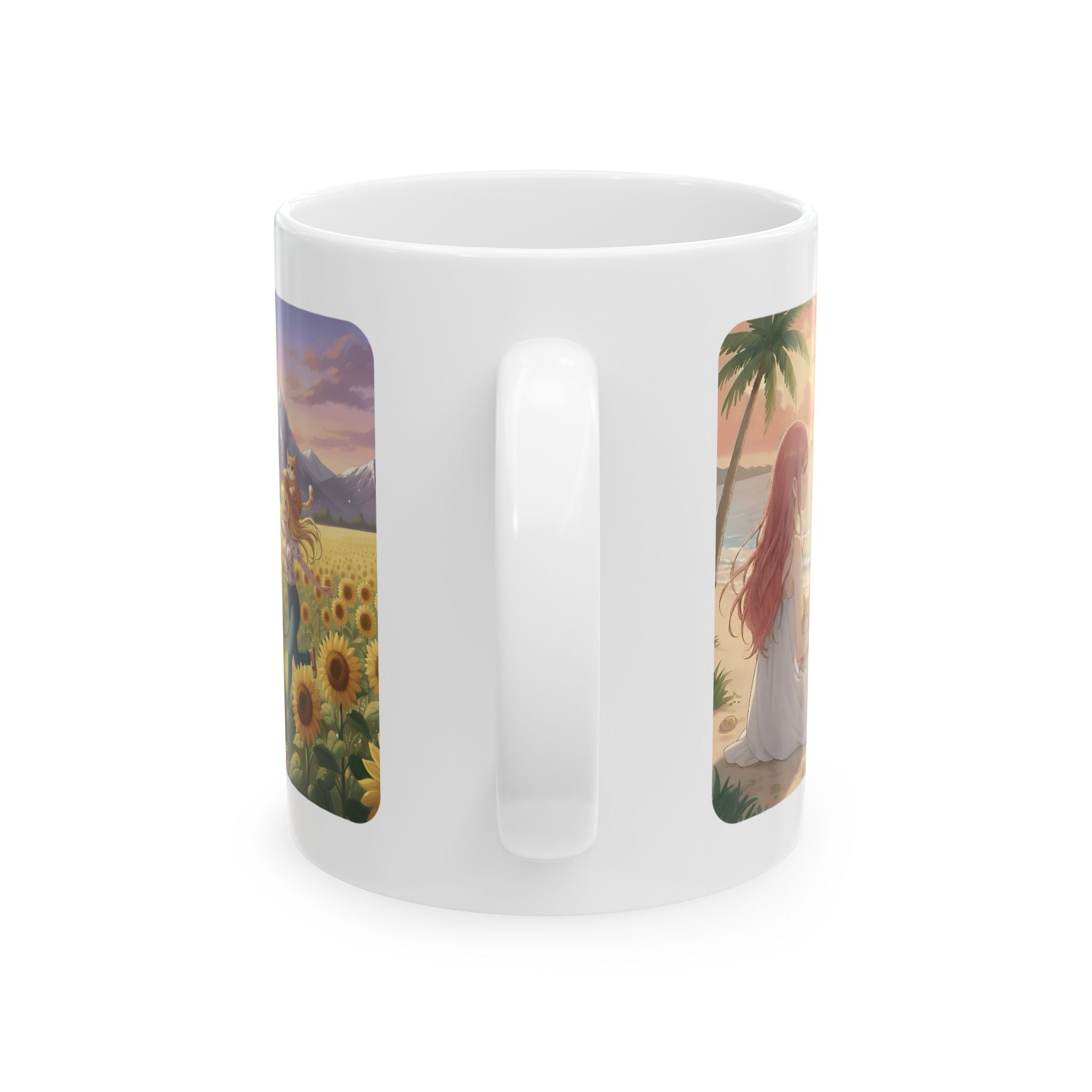 Pitbull Dog Orange Cat Sunset & Sunflower White Ceramic Mug — Peaceful Waves Anime Girl Boho Beach Vibes Cup (11oz, 15oz)