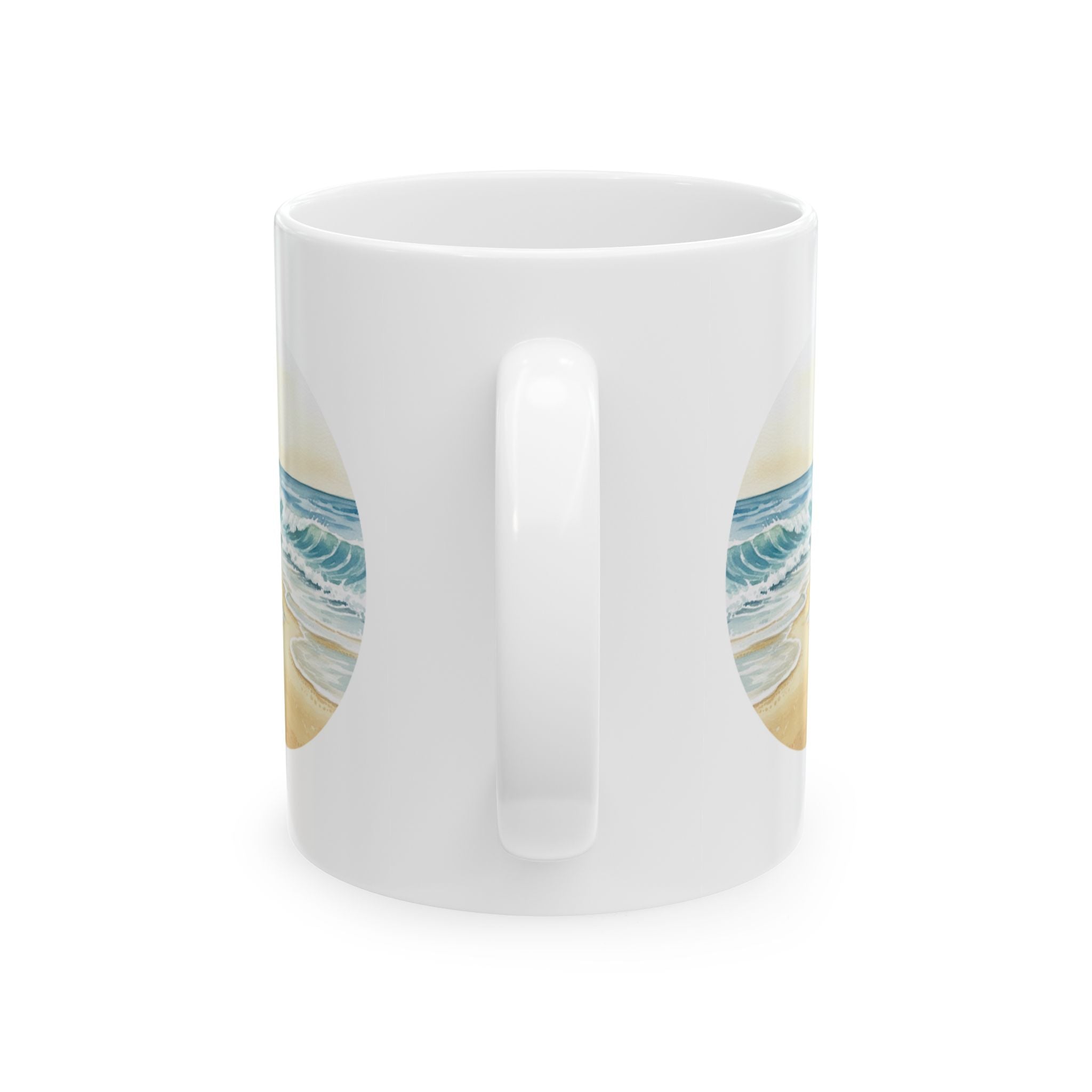 Sea Shore With Footprints In The Sand White Ceramic Mug — Beach Waves Getaway To Tranquility (11oz & 15oz)