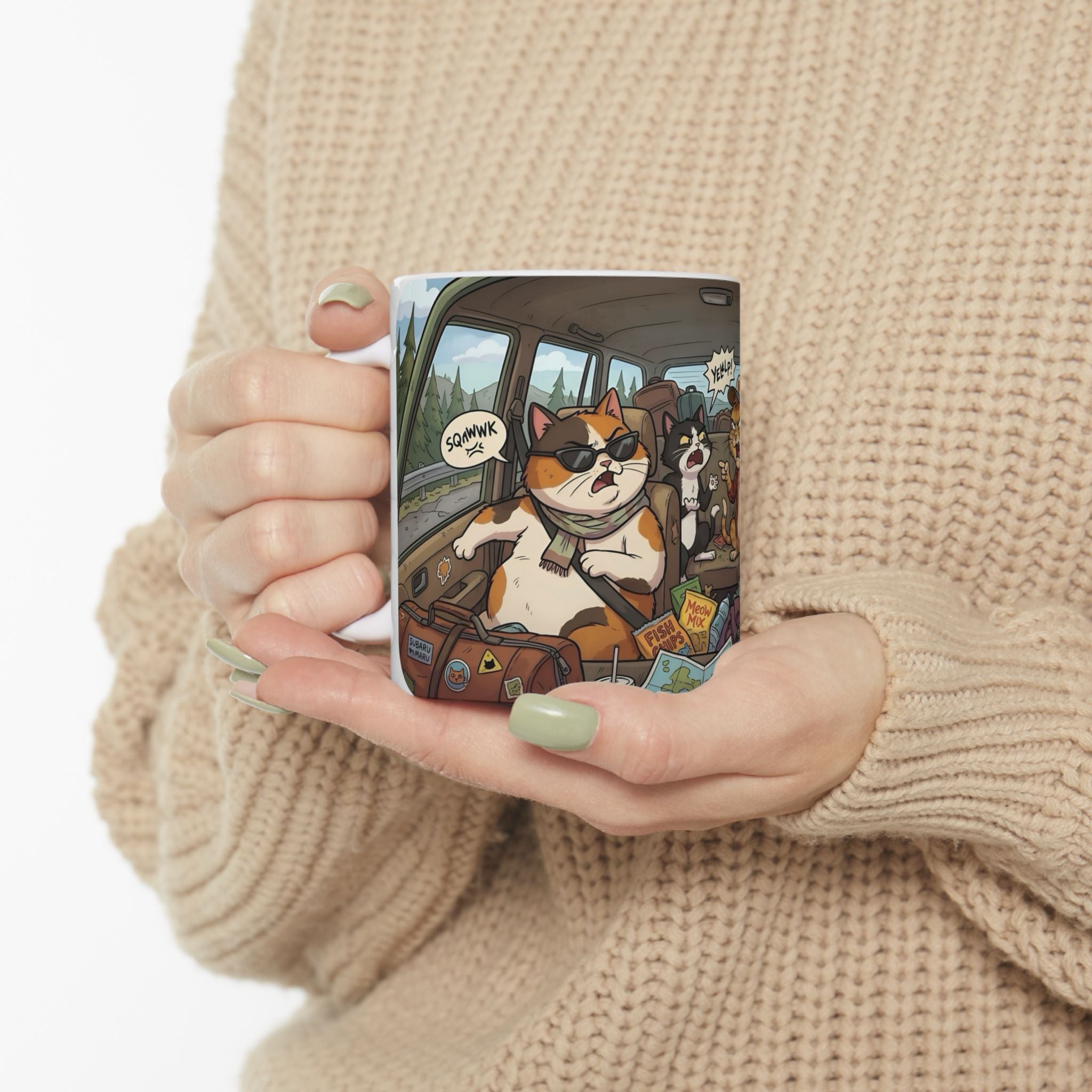 Angry Cats On A Road Trip White Ceramic Mug — Funny Kitty Crew Travel Cup (11oz, 15oz)