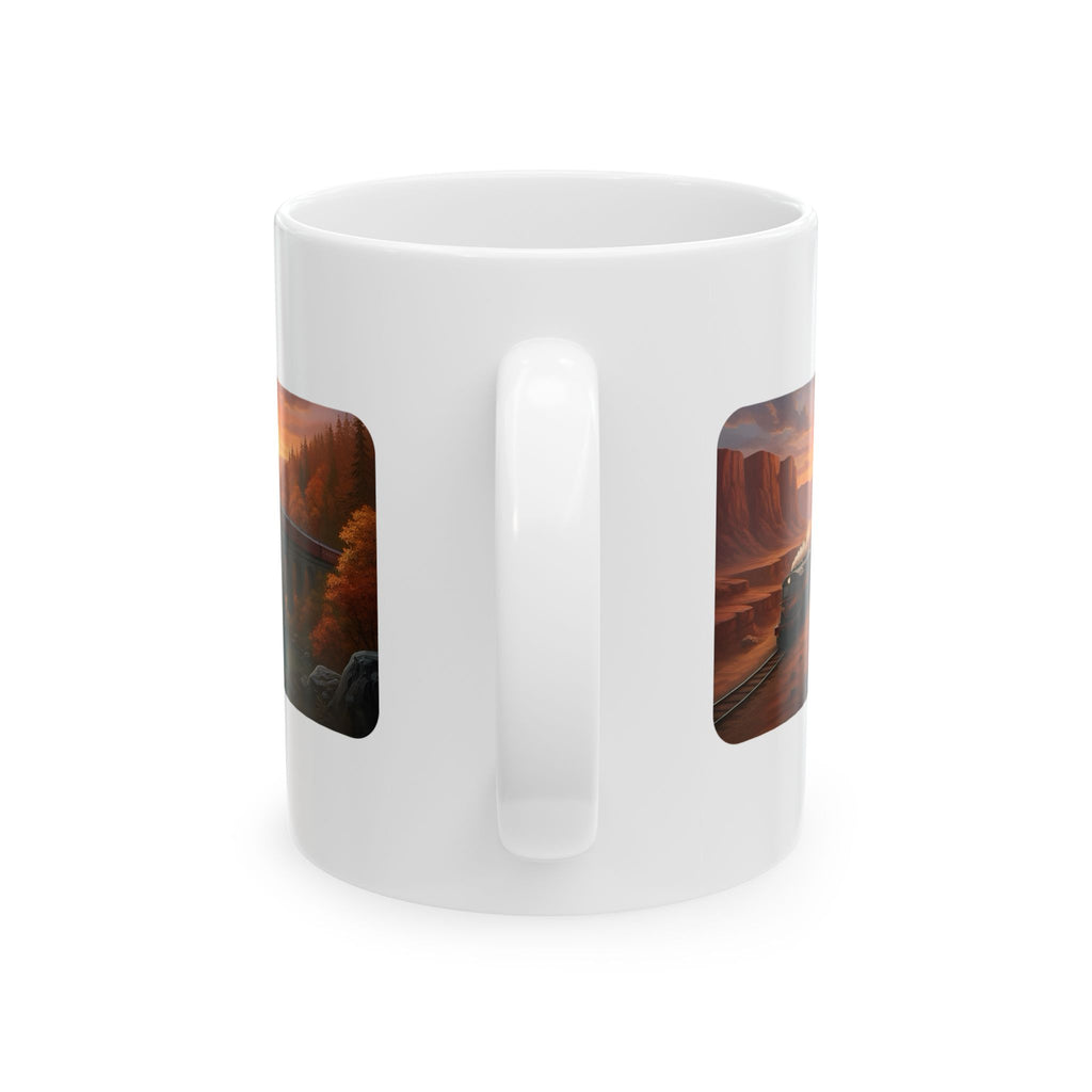 Desert Canyon Sunset Railway White Ceramic Mug — Vintage Steam Train Forest Viaduct Cup (11oz/15oz)