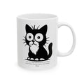 Cat Contemplating Catastrophe White Ceramic Mug - Cute Anxious Black Kitten Tea Cup (11oz & 15oz)