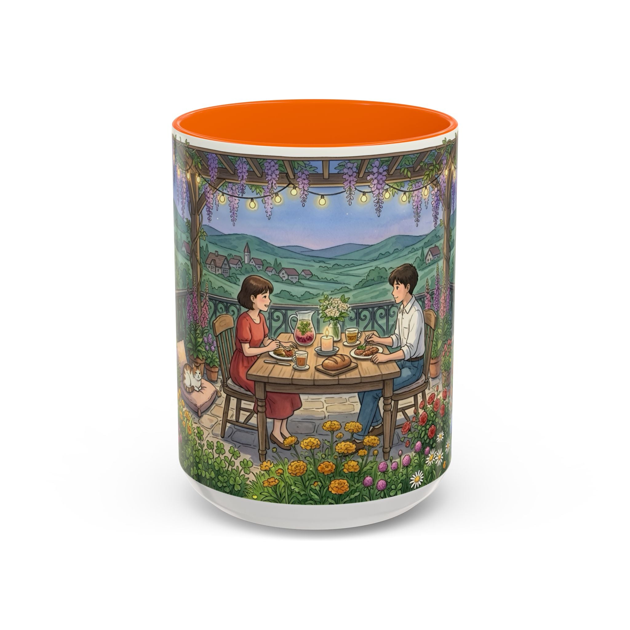 Cozy Romantic Garden Dinner Ceramic Mug — Couples Outdoor Bistro Cup (11 oz, 15 oz)