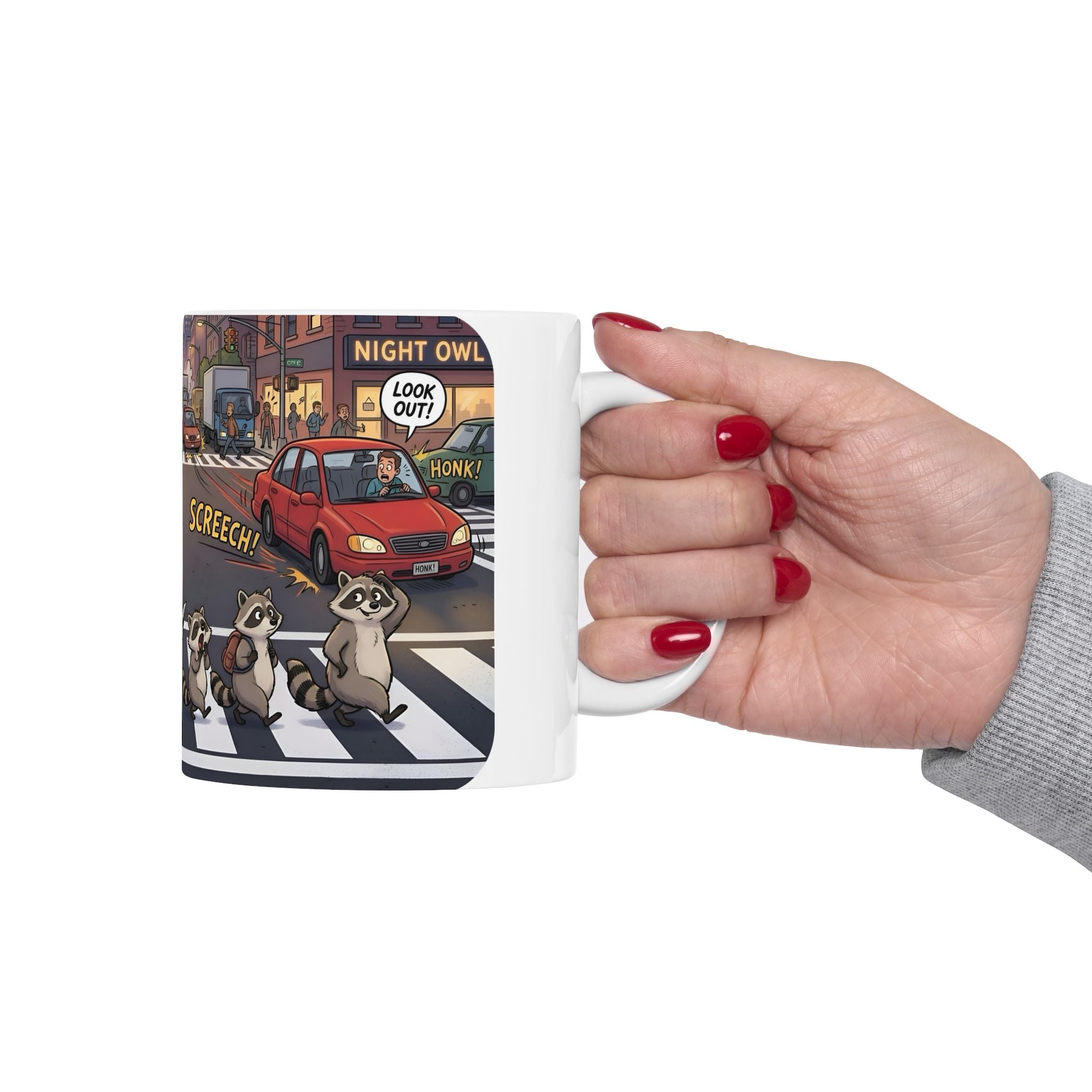 Raccoon Crosswalk White Ceramic Mug (11oz/15oz) – Cute Urban Wildlife Tea Cup