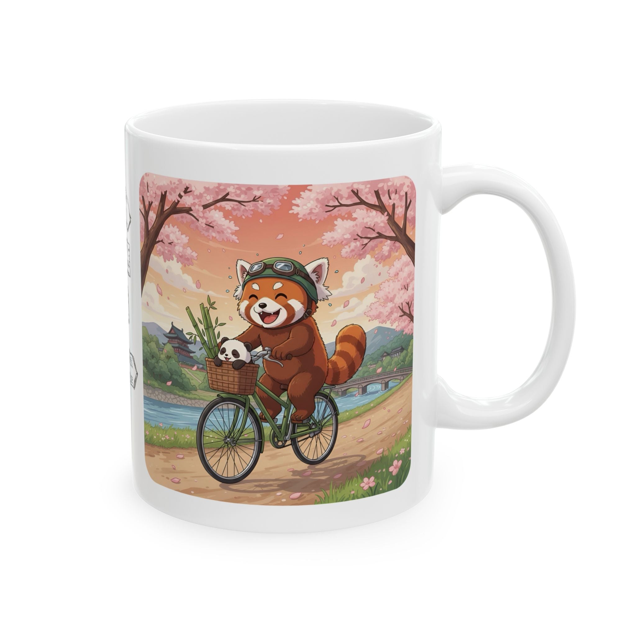 Cozy Red Panda & Baby Panda in Sakura Japan White Ceramic Mug — Happy Panda Family Bicycle Cup, 11oz & 15oz