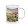Dalmatian Dog Orange Cat Sunset & Sunflower White Ceramic Mug — Peaceful Waves Anime Girl Boho Beach Vibes Cup (11oz, 15oz)
