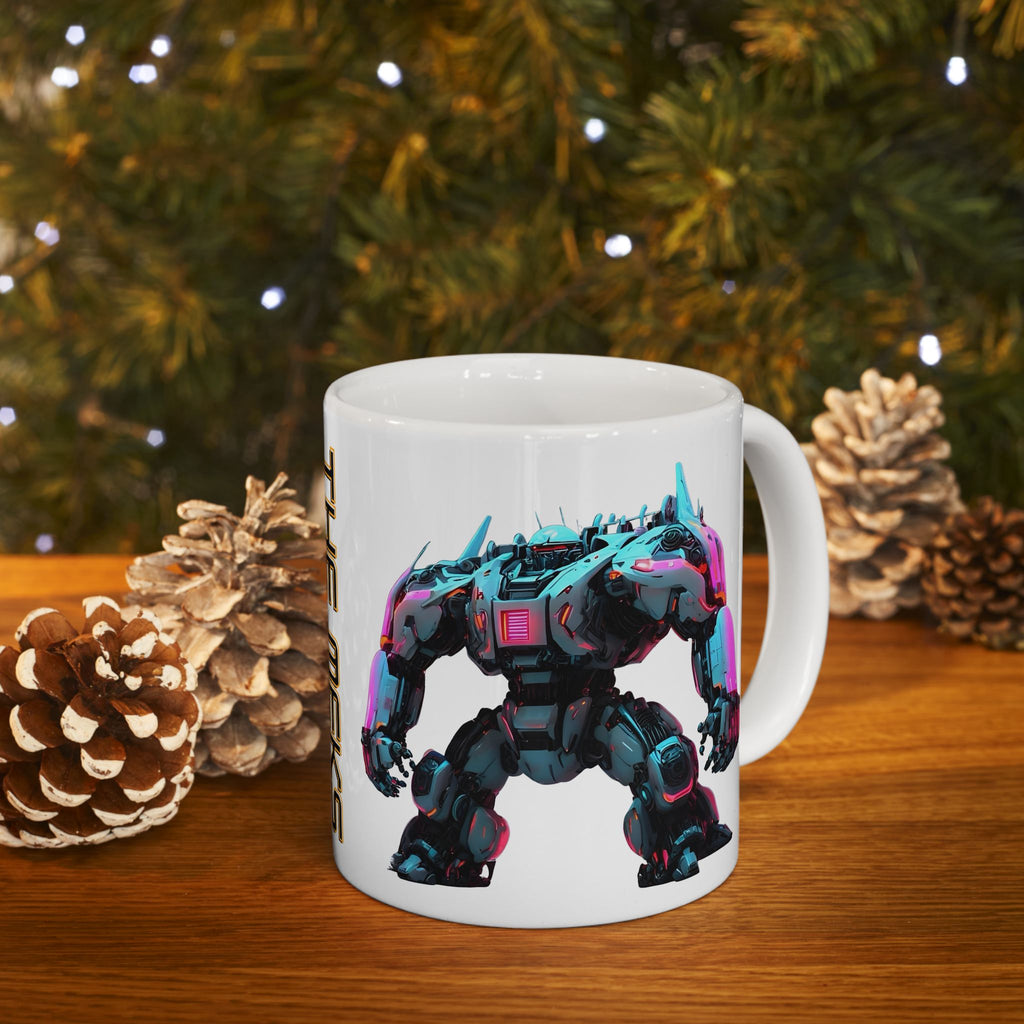 'The Meks' Sci‑Fi Mech Robot #7 White Ceramic Mug (11oz & 15oz), Retro Cyberpunk Tea Cup