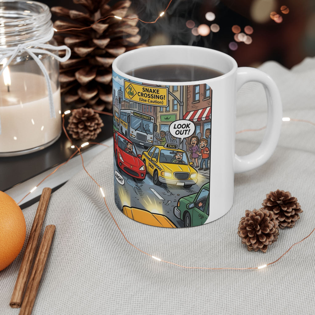 City Traffic & The Urban LandSnake White Ceramic Mug – Comical Reptile Road Chaos Cup (11oz, 15oz)