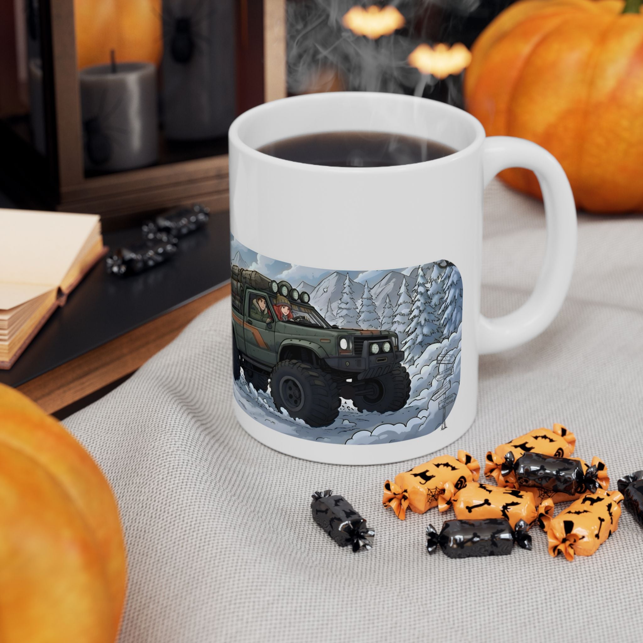 Adventure 4x4 Trucks #39, Rolling Through The Snow White Ceramic Mug — Find Your Path To The Essentials Cup (11oz & 15oz)