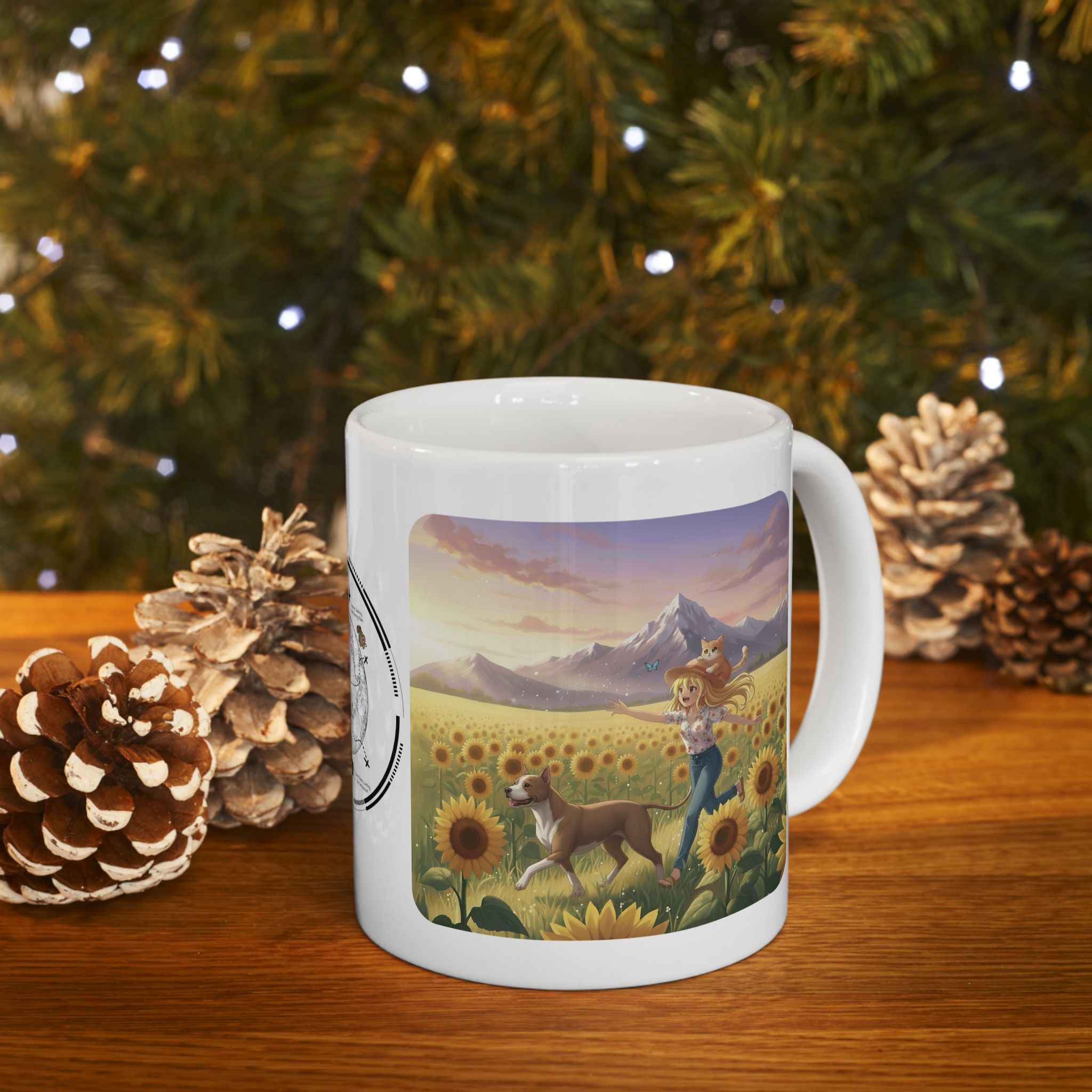 Pitbull Dog Orange Cat Sunset & Sunflower White Ceramic Mug — Peaceful Waves Anime Girl Boho Beach Vibes Cup (11oz, 15oz)