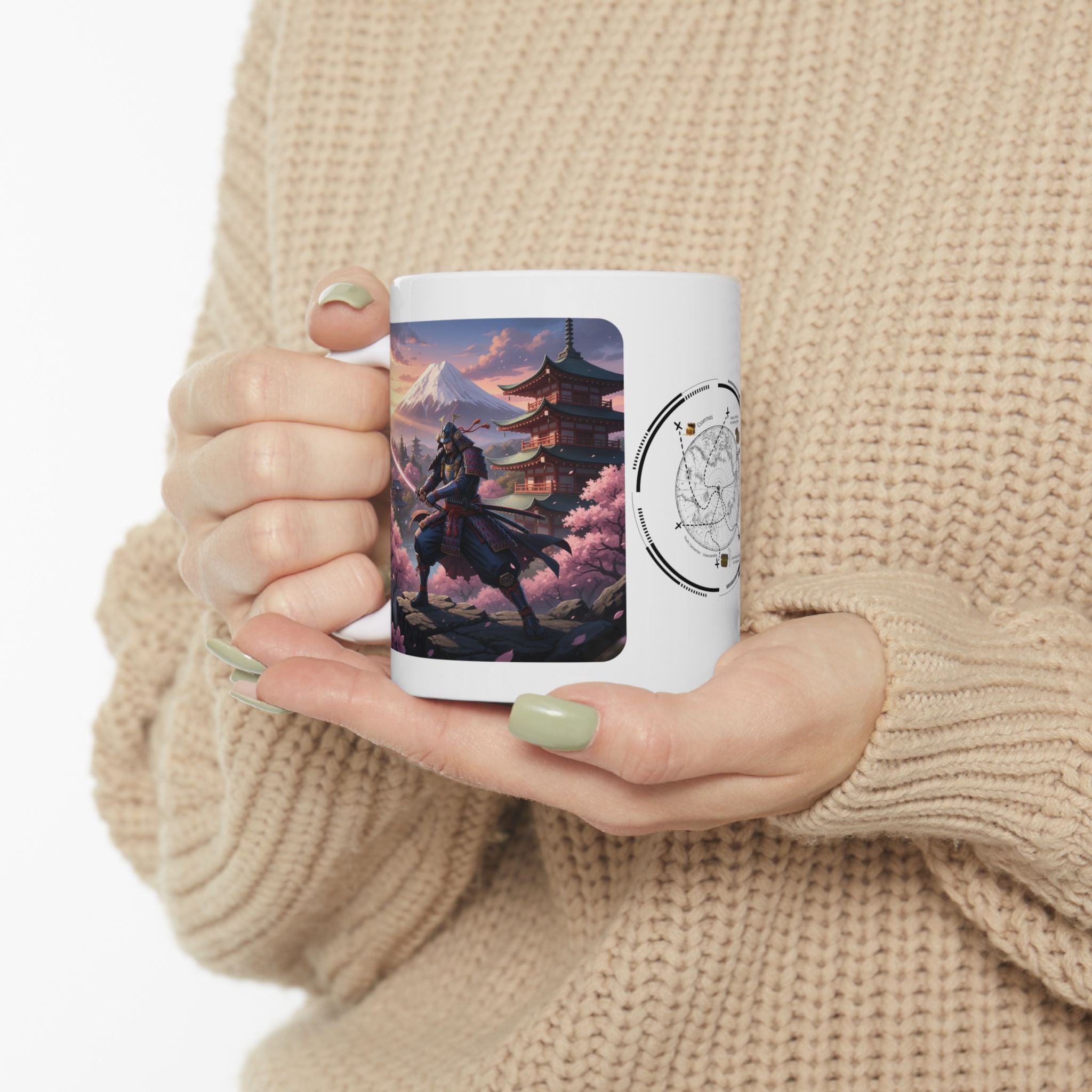 Japanese Samurai Cherry Blossom Love White Ceramic Mug (11oz/15oz),The Serene Path Mount Fuji Sunset Cup