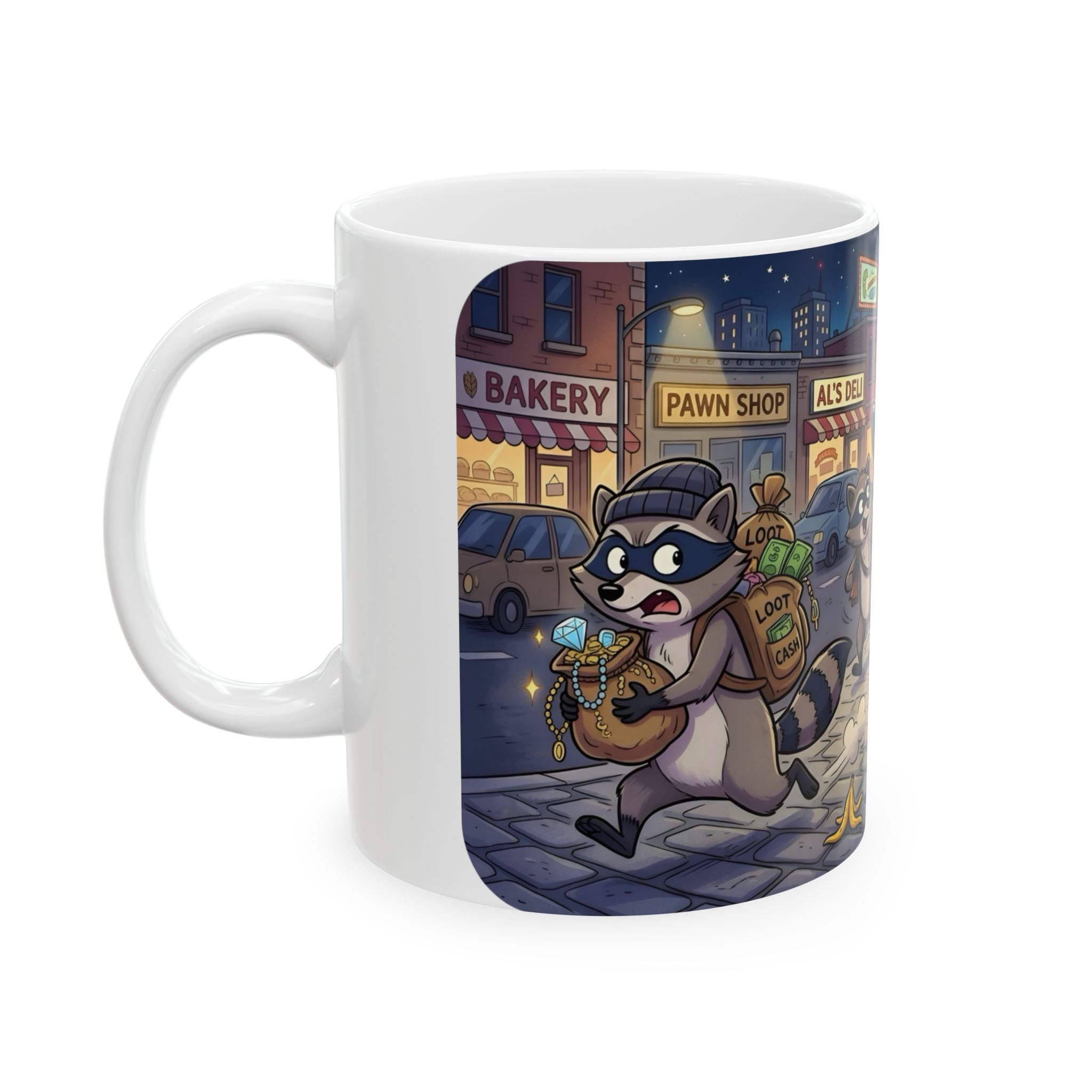 Rambunctious Ringtails White Ceramic Mug — Funny Raccoon Heist Night Scene Cup (11oz, 15oz)