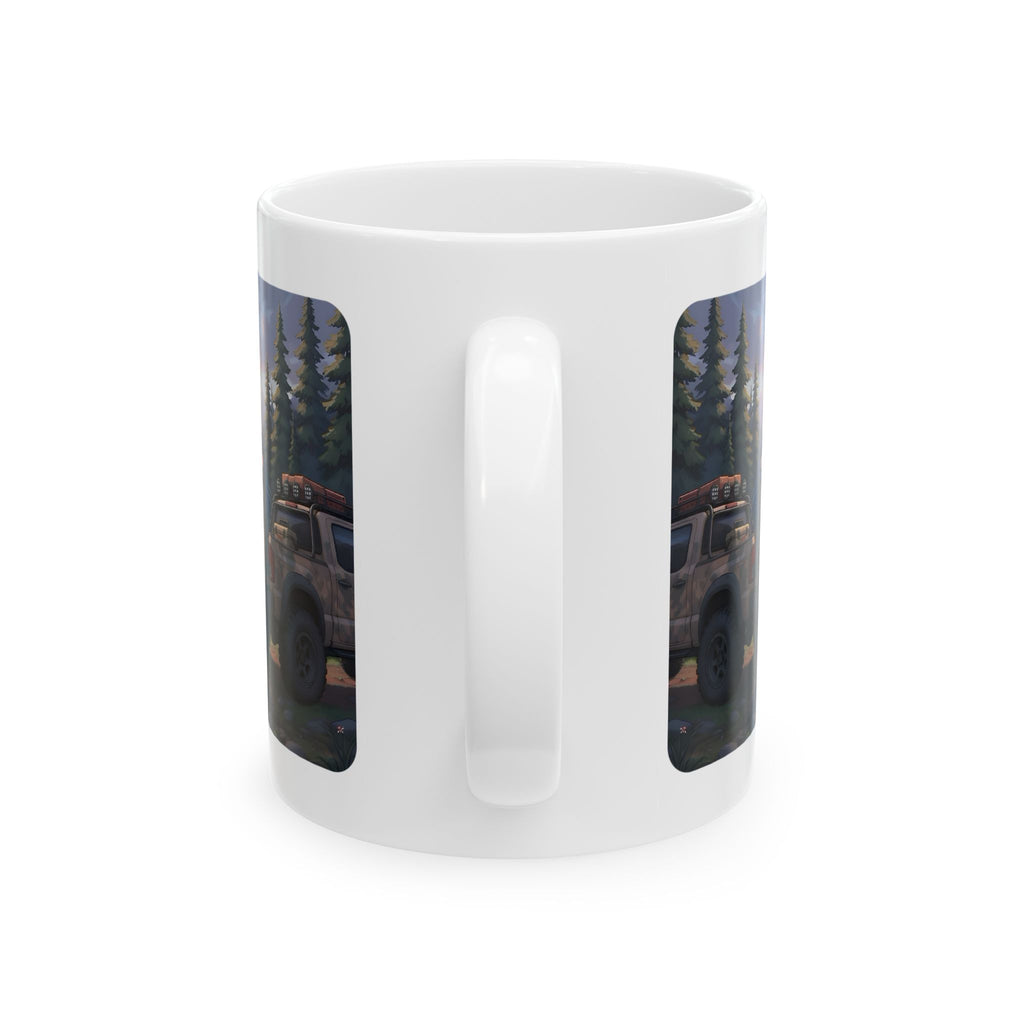 Cozy Anime Girl Tailgate Fishing Adventure White Ceramic Mug — Vintage Truck, Lake Sunrise Tea Cup (11oz/15oz)