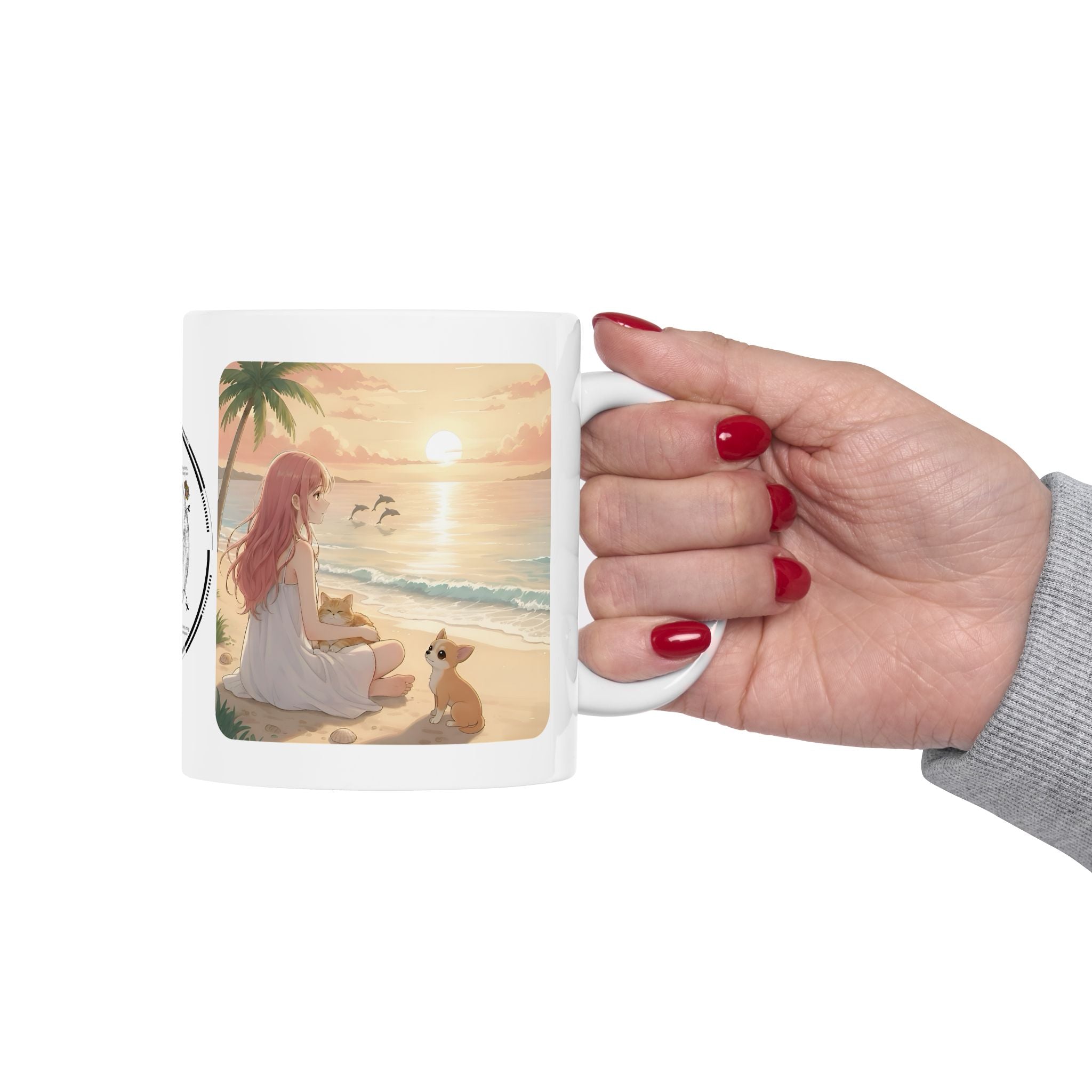 Chihuahua Dog Orange Cat Sunset & Sunflower White Ceramic Mug — Peaceful Waves Anime Girl Boho Beach Vibes Cup (11oz, 15oz)
