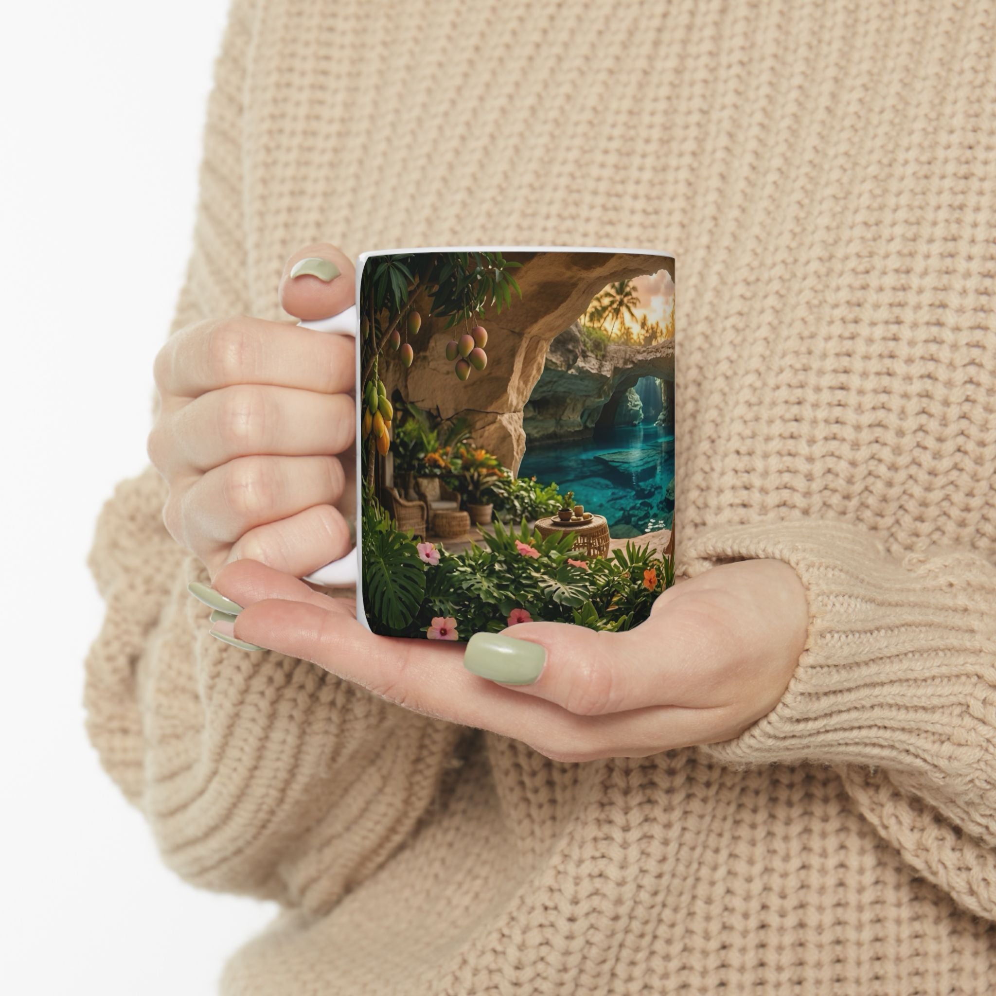Tropical Cave Paradise White Ceramic Mug,  Relaxing Escape Cup (11 oz, 15 oz)