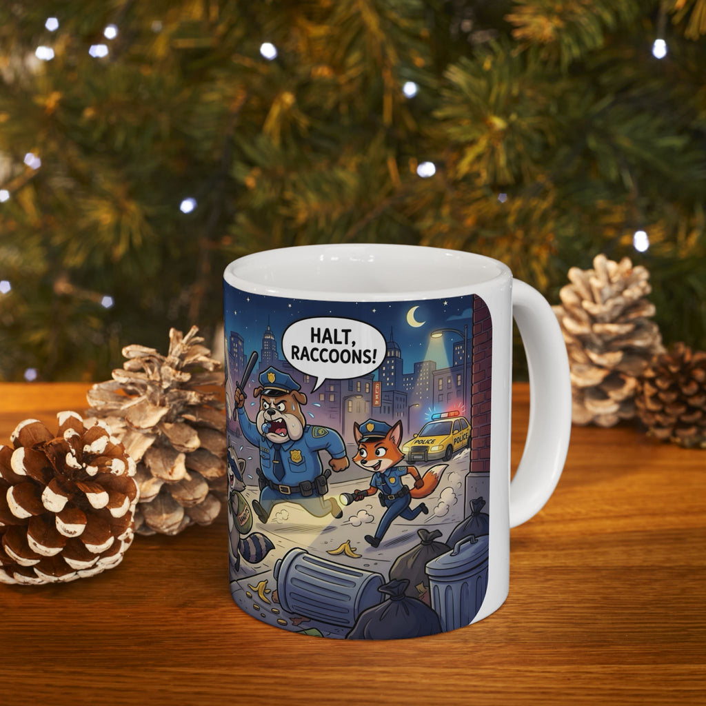 Rambunctious Ringtails White Ceramic Mug — Funny Raccoon Heist Night Scene Cup (11oz, 15oz)