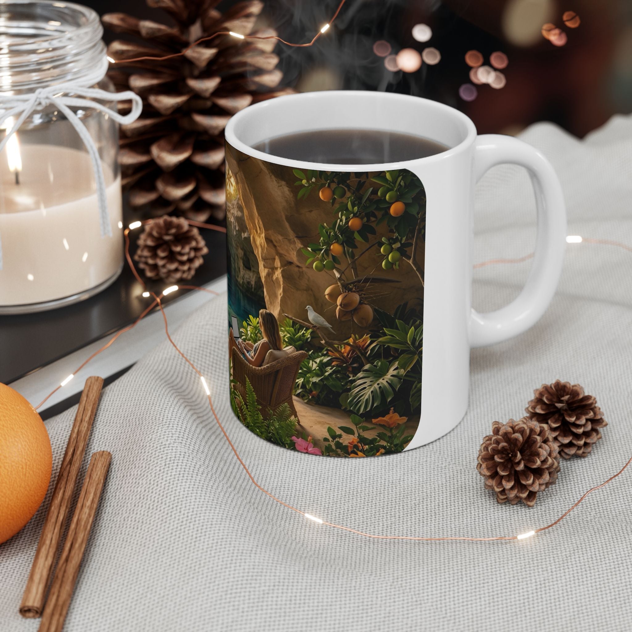Tropical Cave Paradise White Ceramic Mug,  Relaxing Escape Cup (11 oz, 15 oz)