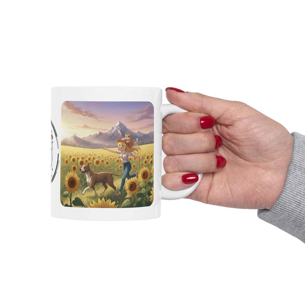 Pitbull Dog Orange Cat Sunset & Sunflower White Ceramic Mug — Peaceful Waves Anime Girl Boho Beach Vibes Cup (11oz, 15oz)