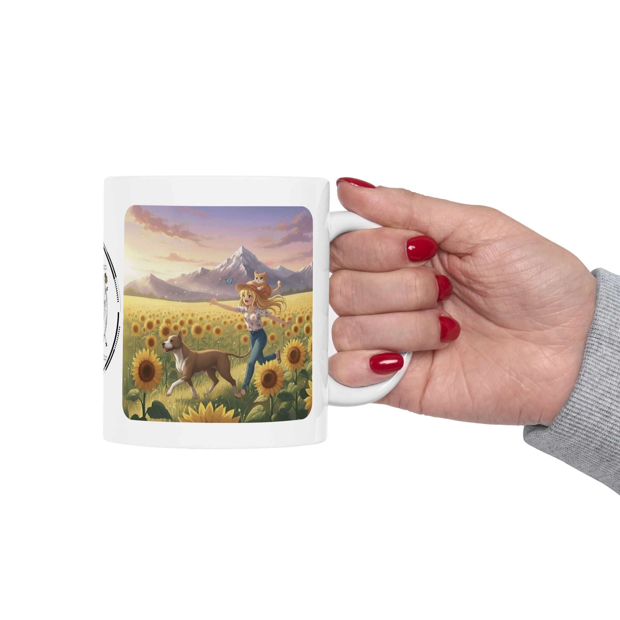 Pitbull Dog Orange Cat Sunset & Sunflower White Ceramic Mug — Peaceful Waves Anime Girl Boho Beach Vibes Cup (11oz, 15oz)