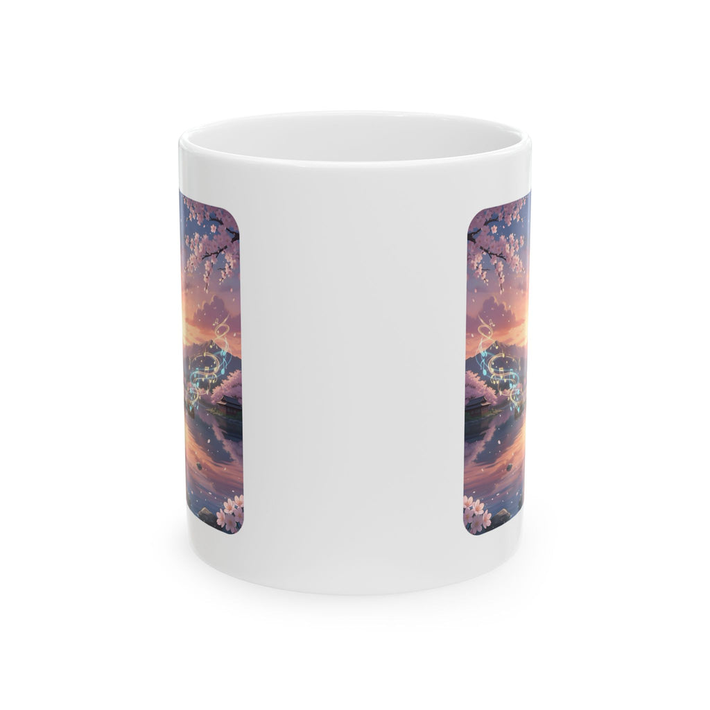 Cozy Sakura Guitarist Cherry Blossom White Ceramic Mug — Romantic Sunset Lake Melody Floral Tea Cup (11oz/15oz)